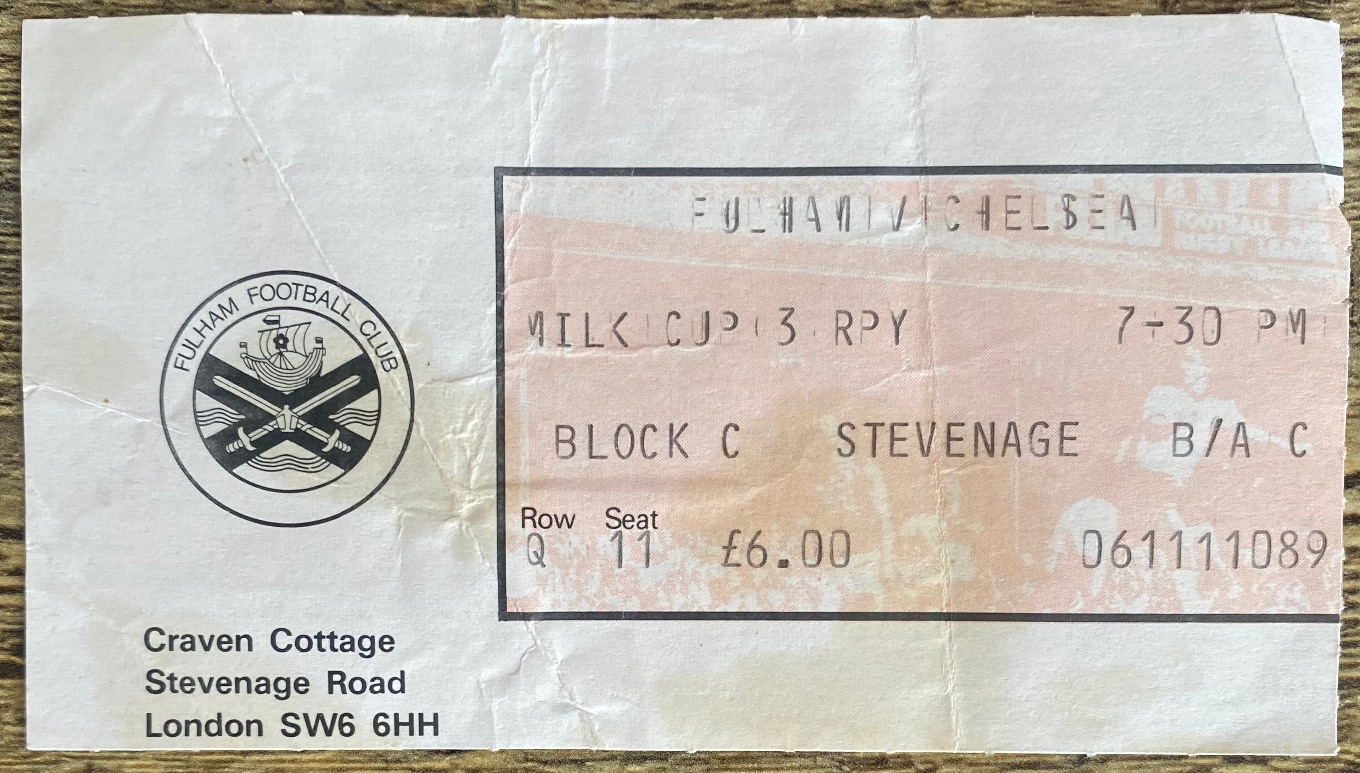 1985/86 ORIGINAL MILK CUP 3RD ROUND REPLAY TICKET FULHAM V CHELSEA