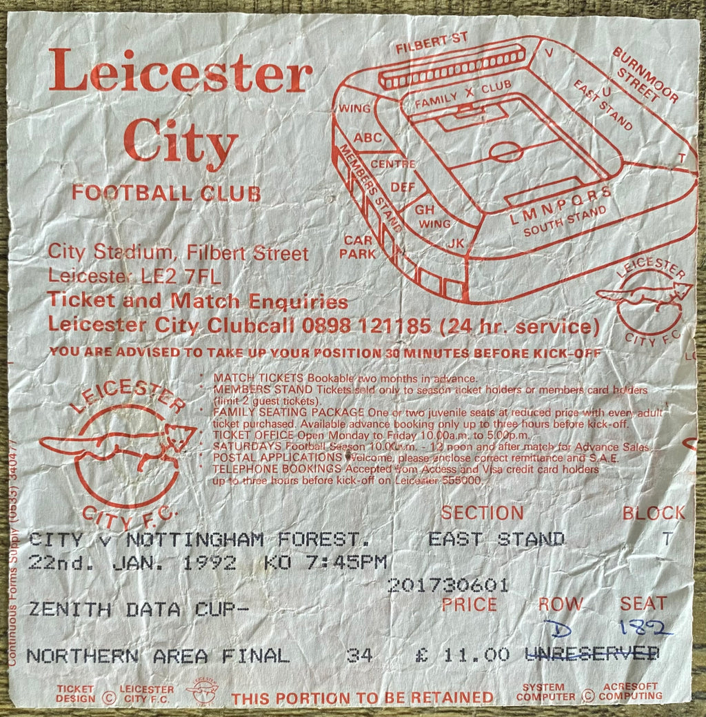 1991/92 ORIGINAL ZENITH DATA SYSTEMS CUP NORTHERN FINAL TICKET LEICESTER CITY V NOTTINGHAM FOREST