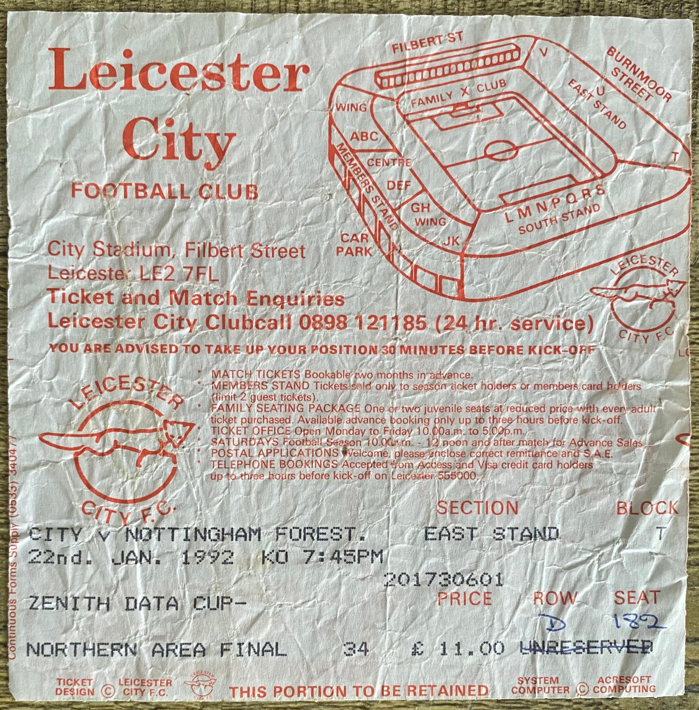 1991/92 ORIGINAL ZENITH DATA SYSTEMS CUP NORTHERN FINAL TICKET LEICESTER CITY V NOTTINGHAM FOREST