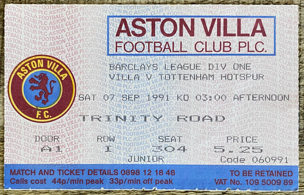 1991/92 ORIGINAL DIVISION 1 TICKET ASTON VILLA V TOTTENHAM HOTSPUR