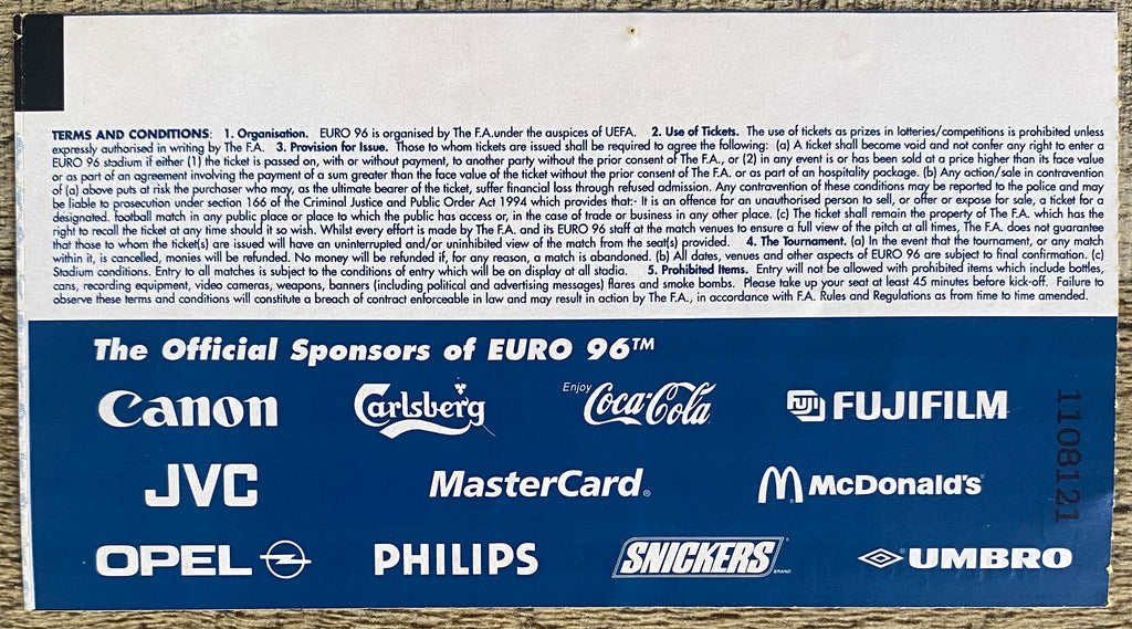 1996 ORIGINAL EUROPEAN CHAMPIONSHIPS EURO 96 QUARTER FINAL TICKET ENGLAND V SPAIN @ WEMBLEY