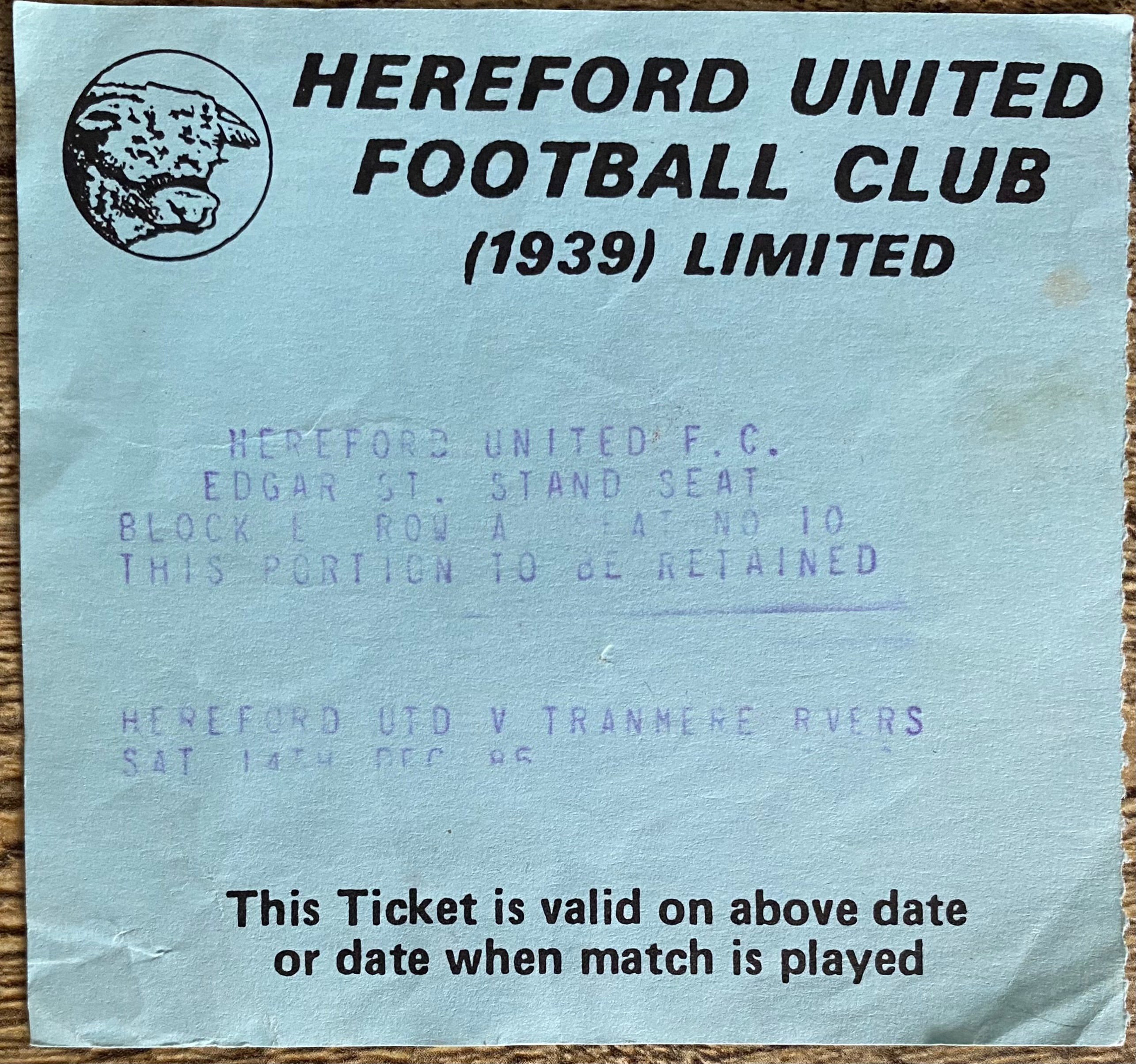 1985/86 ORIGINAL DIVISION 4 TICKET HEREFORD UNITED V TRANMERE ROVERS