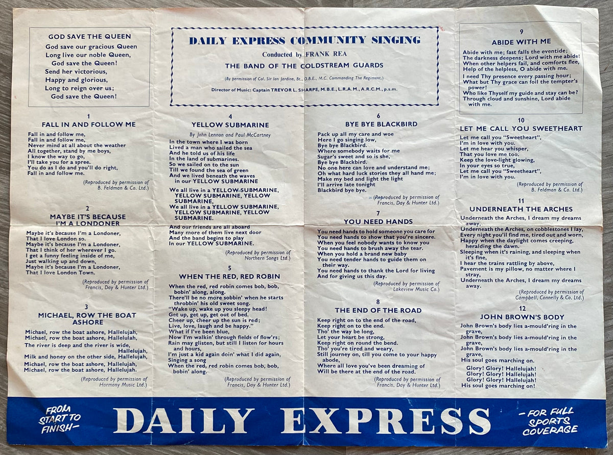 1969 ORIGINAL OFFICIAL FA CUP FINAL COMMUNITY SINGING SONG SHEET CHELSEA V TOTTENHAM HOTSPUR