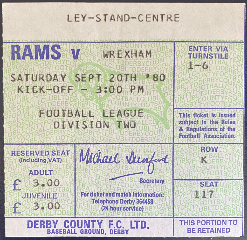1980/81 ORIGINAL DIVISION 2 TICKET DERBY COUNTY V WREXHAM