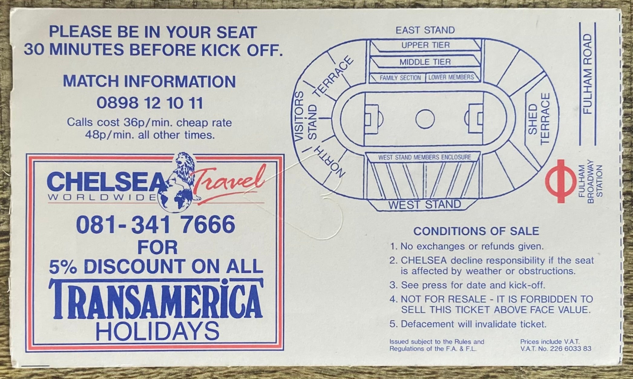 1991/92 ORIGINAL FA CUP 6TH ROUND TICKET CHELSEA V SUNDERLAND