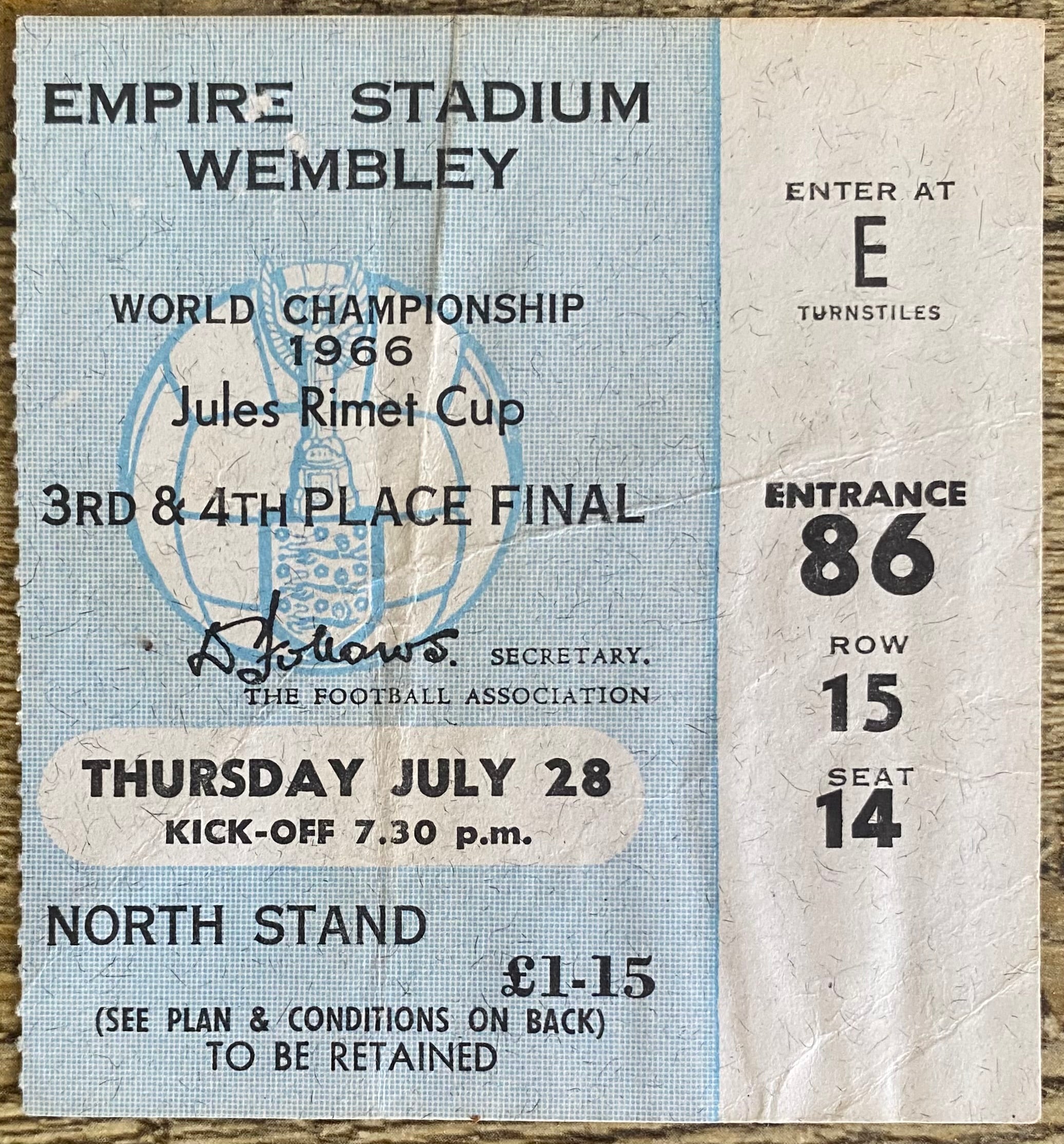 1966 ORIGINAL WORLD CUP 3RD PLACE PLAY OFF TICKET PORTUGAL V SOVIET UNION @ WEMBLEY