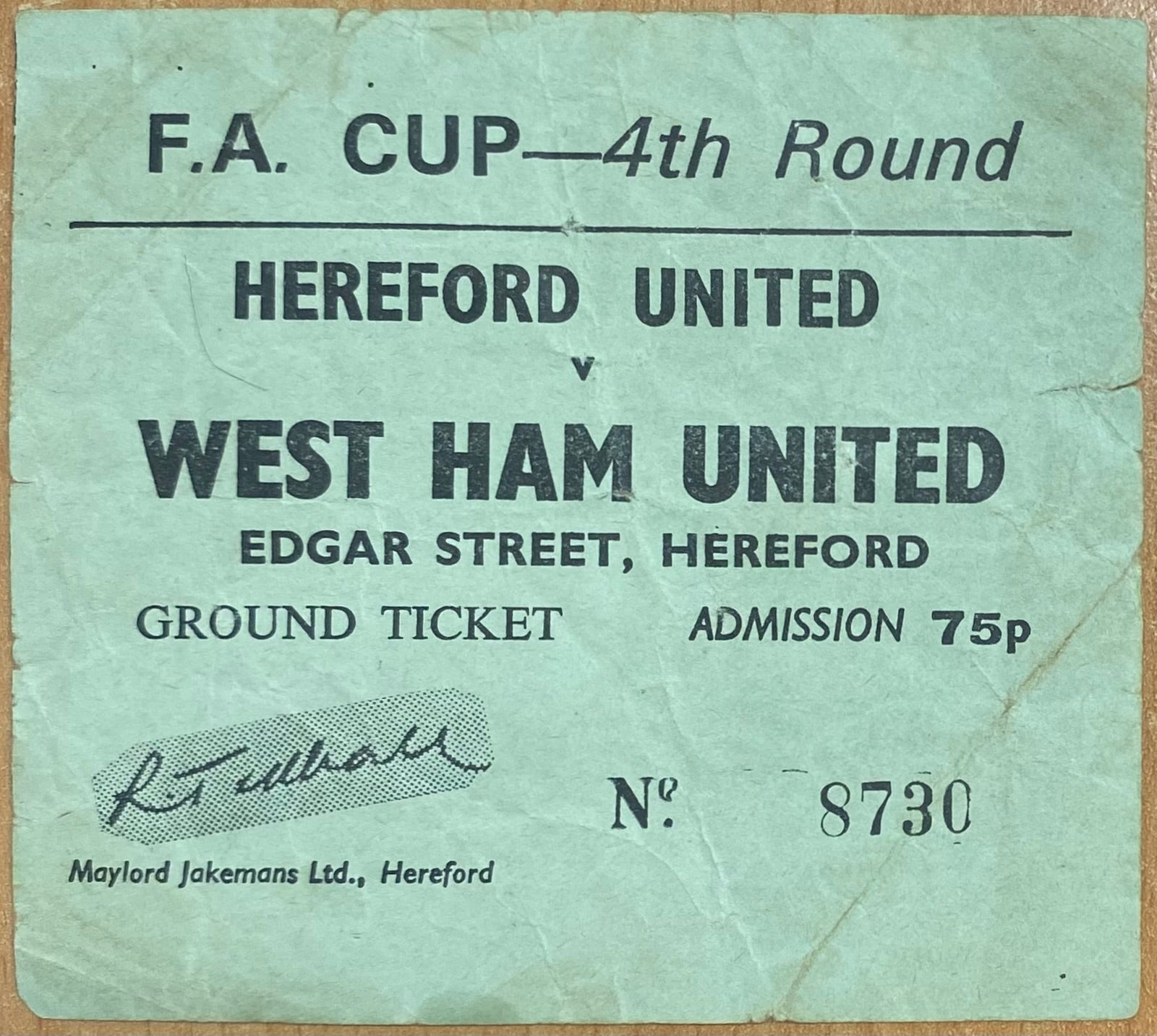 1971/72 ORIGINAL FA CUP 4TH ROUND REPLAY TICKET HEREFORD UNITED V WEST HAM UNITED