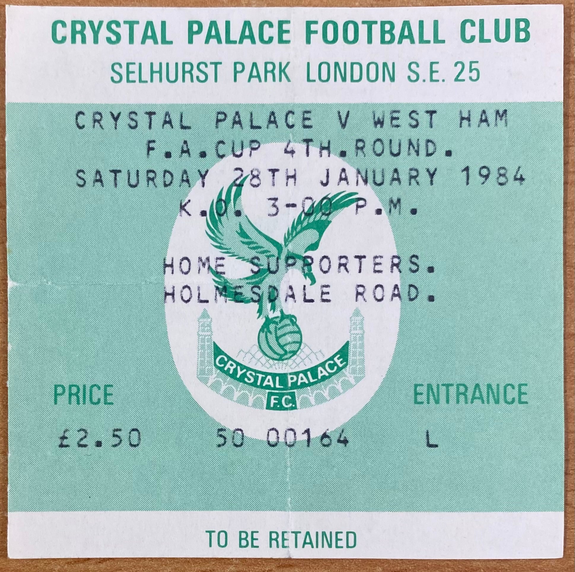 1983/84 ORIGINAL FA CUP 4TH ROUND TICKET CRYSTAL PALACE V WEST HAM UNITED