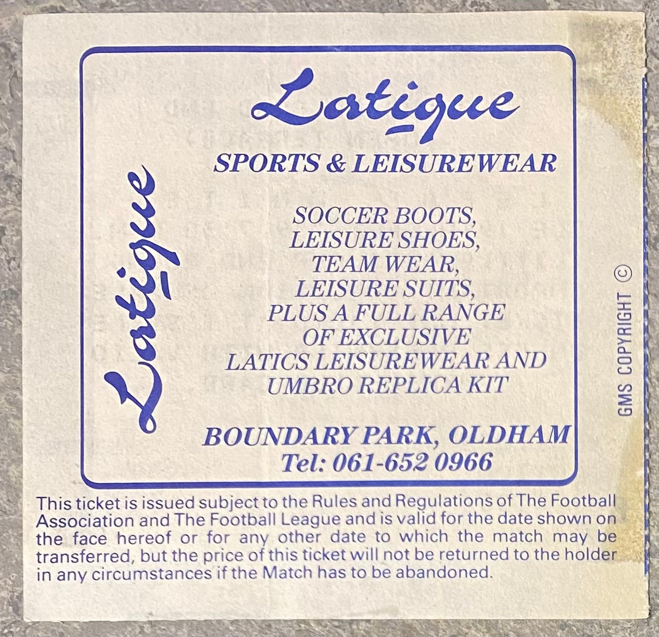 1989/90 ORIGINAL LITTLEWOODS CUP 2ND ROUND 1ST LEG TICKET OLDHAM ATHLETIC V LEEDS UNITED