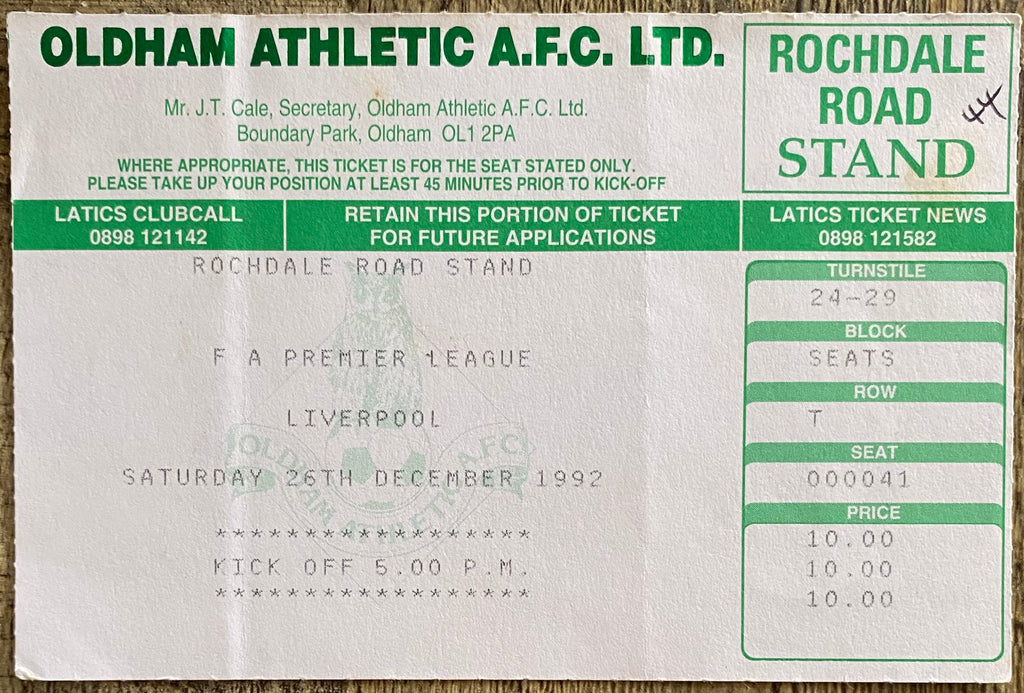 1992/93 ORIGINAL FA PREMIER LEAGUE TICKET OLDHAM ATHLETIC V LIVERPOOL