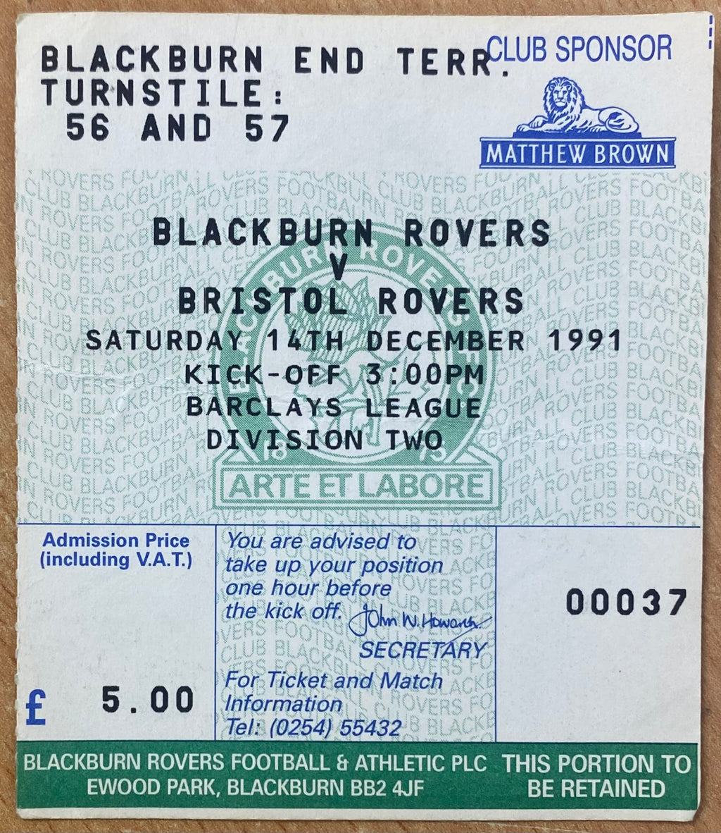 1991/92 ORIGINAL DIVISION 2 TICKET BLACKBURN ROVERS V BRISTOL ROVERS
