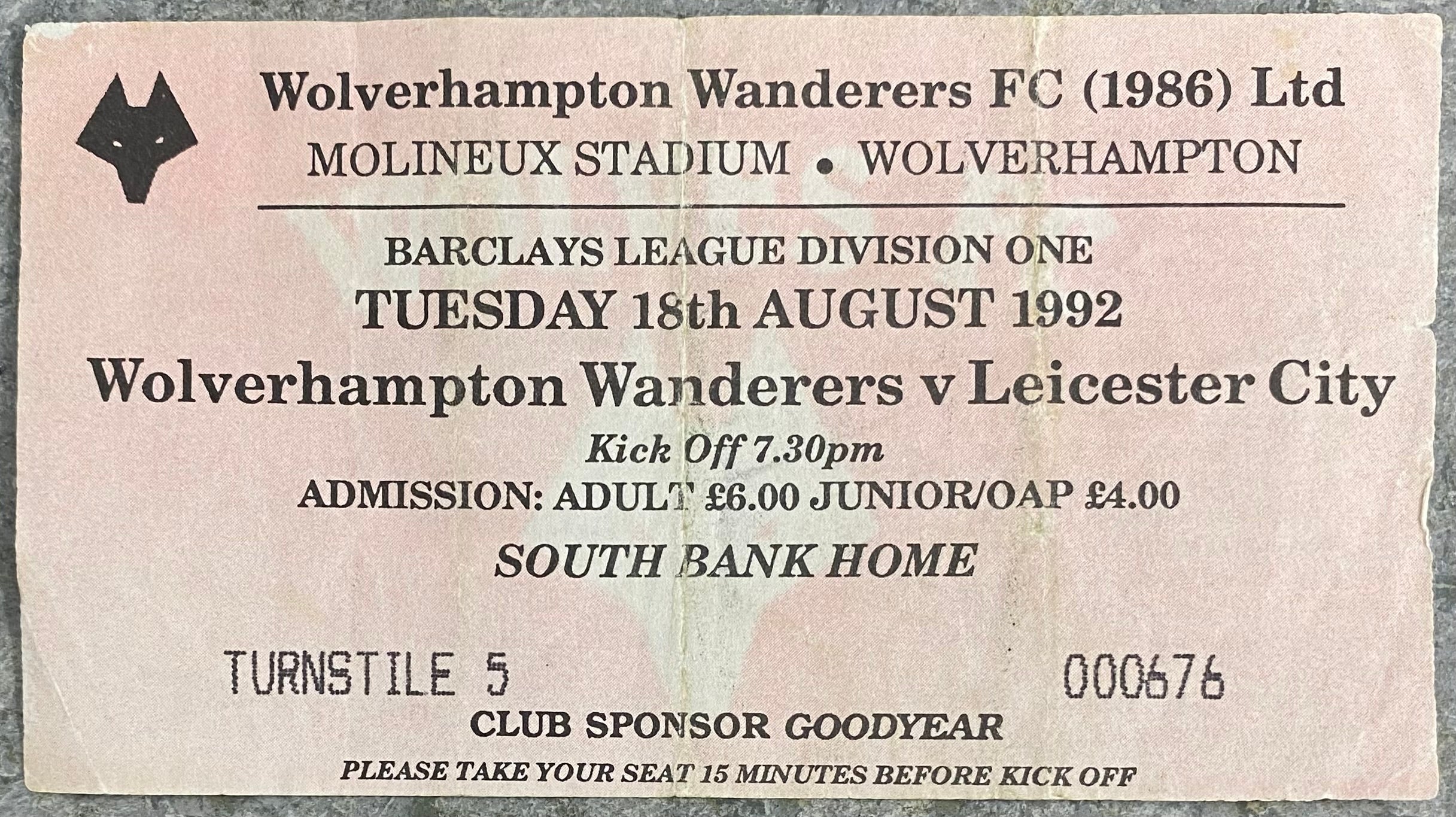 1992/93 ORIGINAL DIVISION 1 TICKET WOLVERHAMPTON WANDERERS V LEICESTER CITY