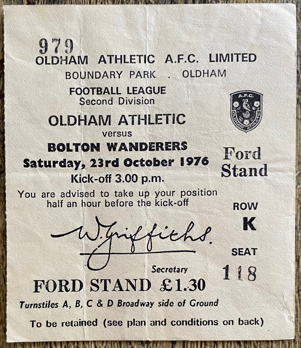 1976/77 ORIGINAL DIVISION 2 TICKET OLDHAM ATHLETIC V BOLTON WANDERERS