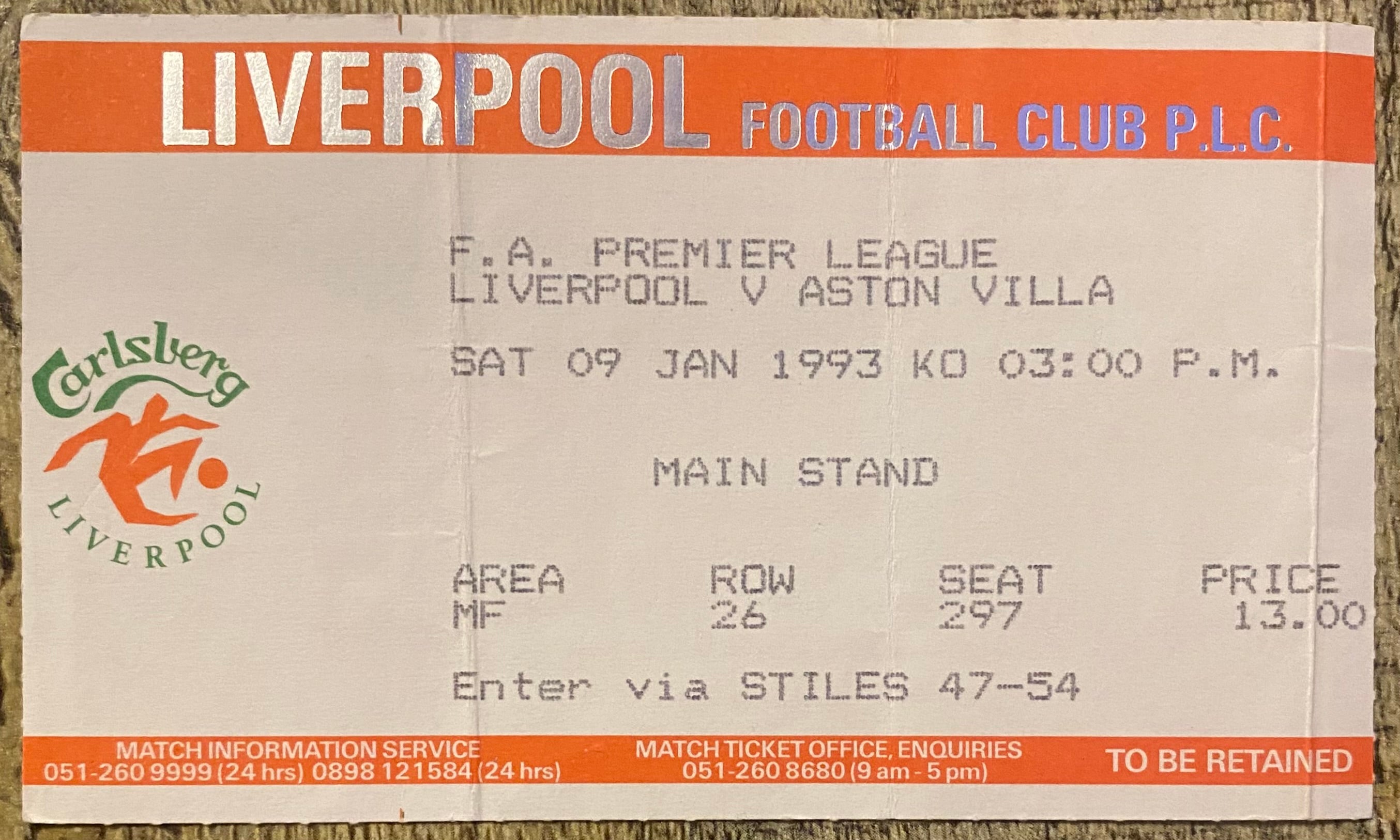 1992/93 ORIGINAL PREMIER LEAGUE TICKET LIVERPOOL V ASTON VILLA