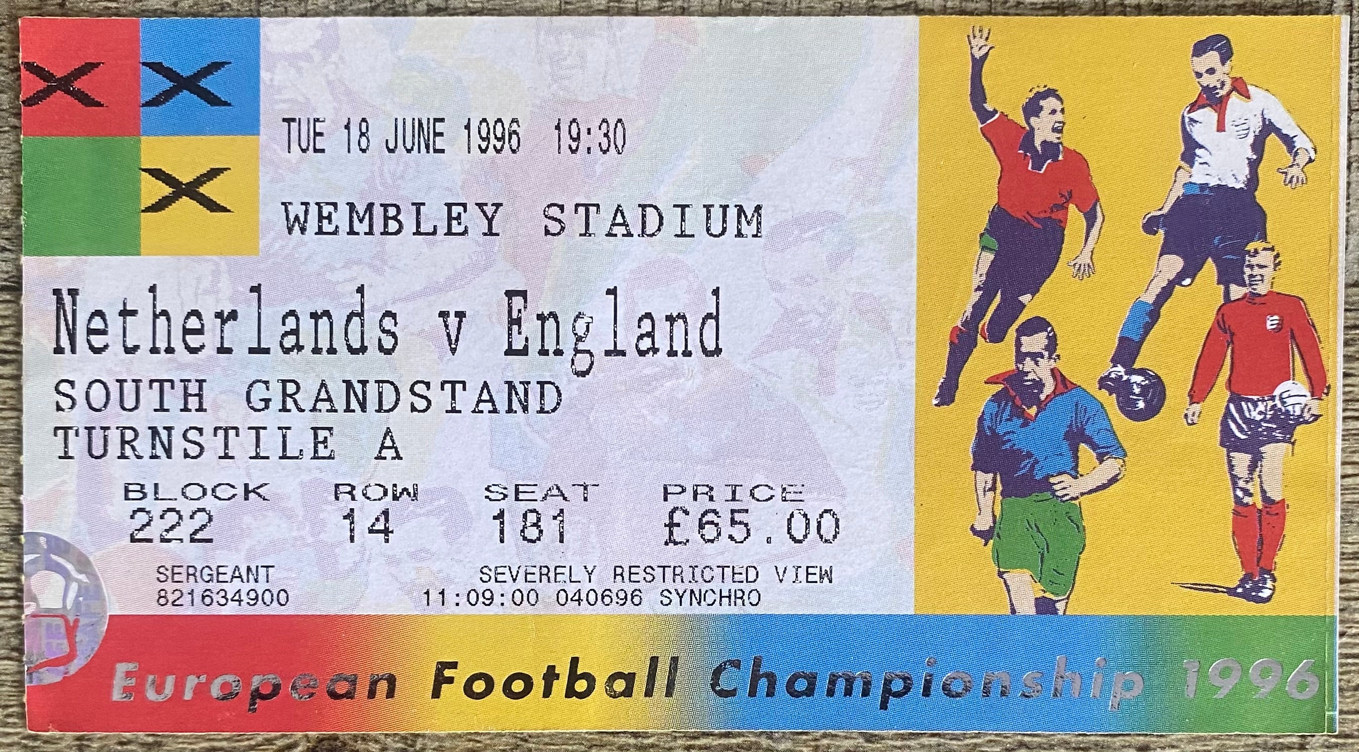 1996 ORIGINAL EUROPEAN CHAMPIONSHIPS EURO 96 TICKET ENGLAND V NETHERLANDS @ WEMBLEY