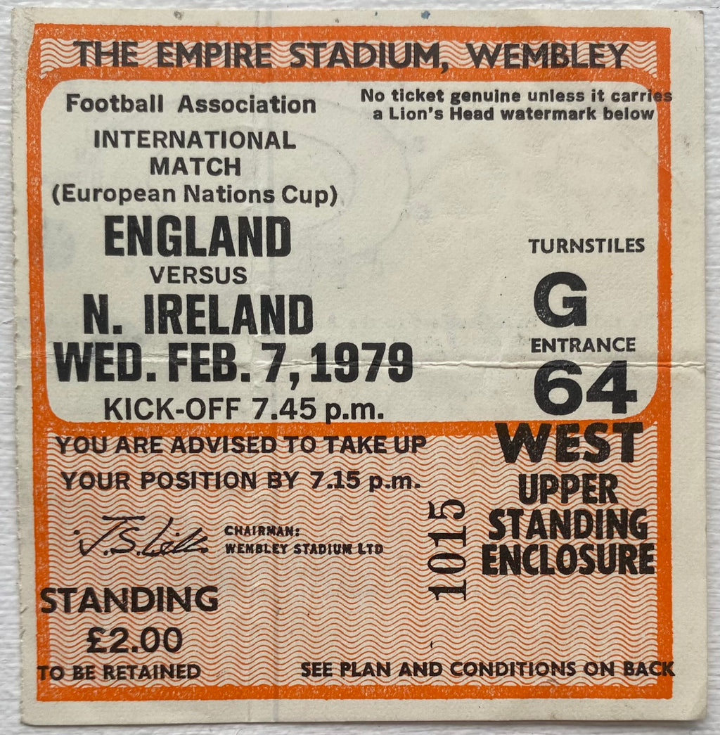 1979 ORIGINAL EUROPEAN CHAMPIONSHIPS QUALIFYING TICKET ENGLAND V NORTHERN IRELAND