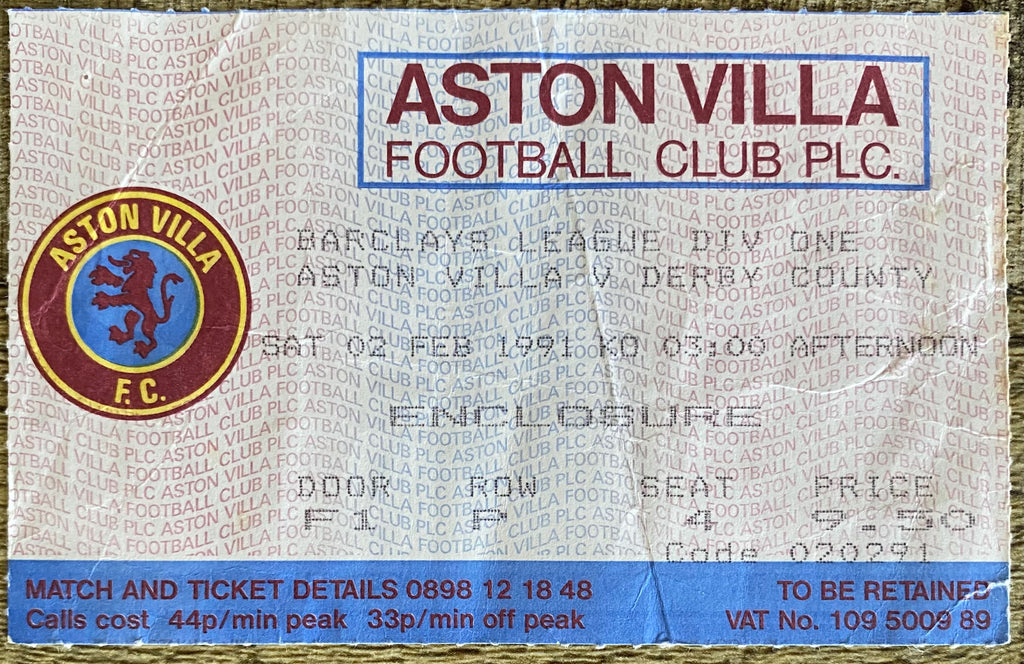 1990/91 ORIGINAL DIVISION 1 TICKET ASTON VILLA V DERBY COUNTY
