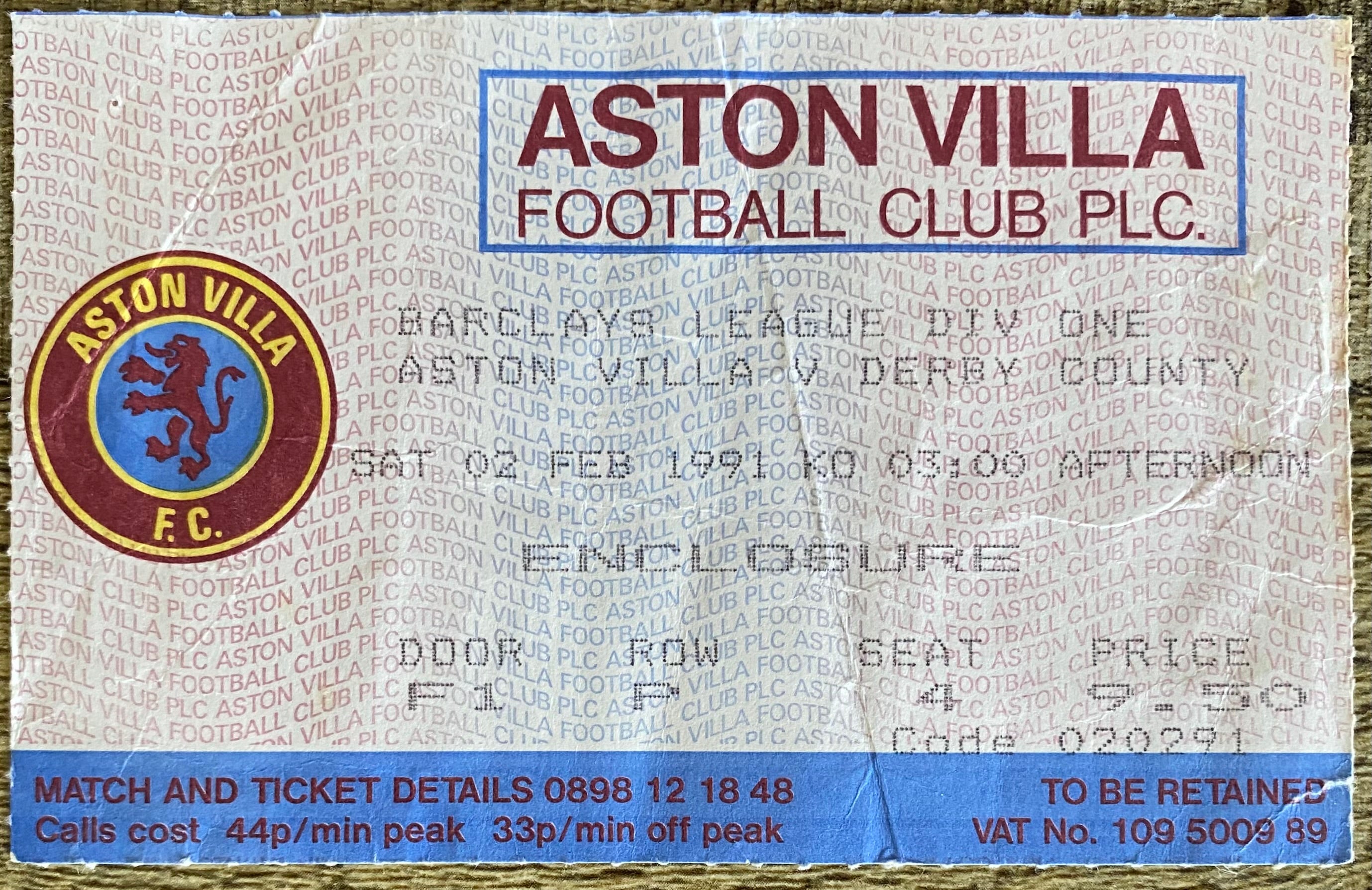 1990/91 ORIGINAL DIVISION 1 TICKET ASTON VILLA V DERBY COUNTY
