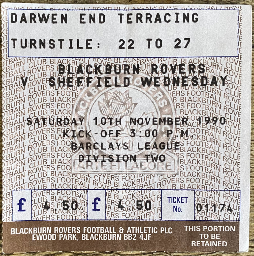 1990/91 ORIGINAL DIVISION 2 TICKET BLACKBURN ROVERS V SHEFFIELD WEDNESDAY