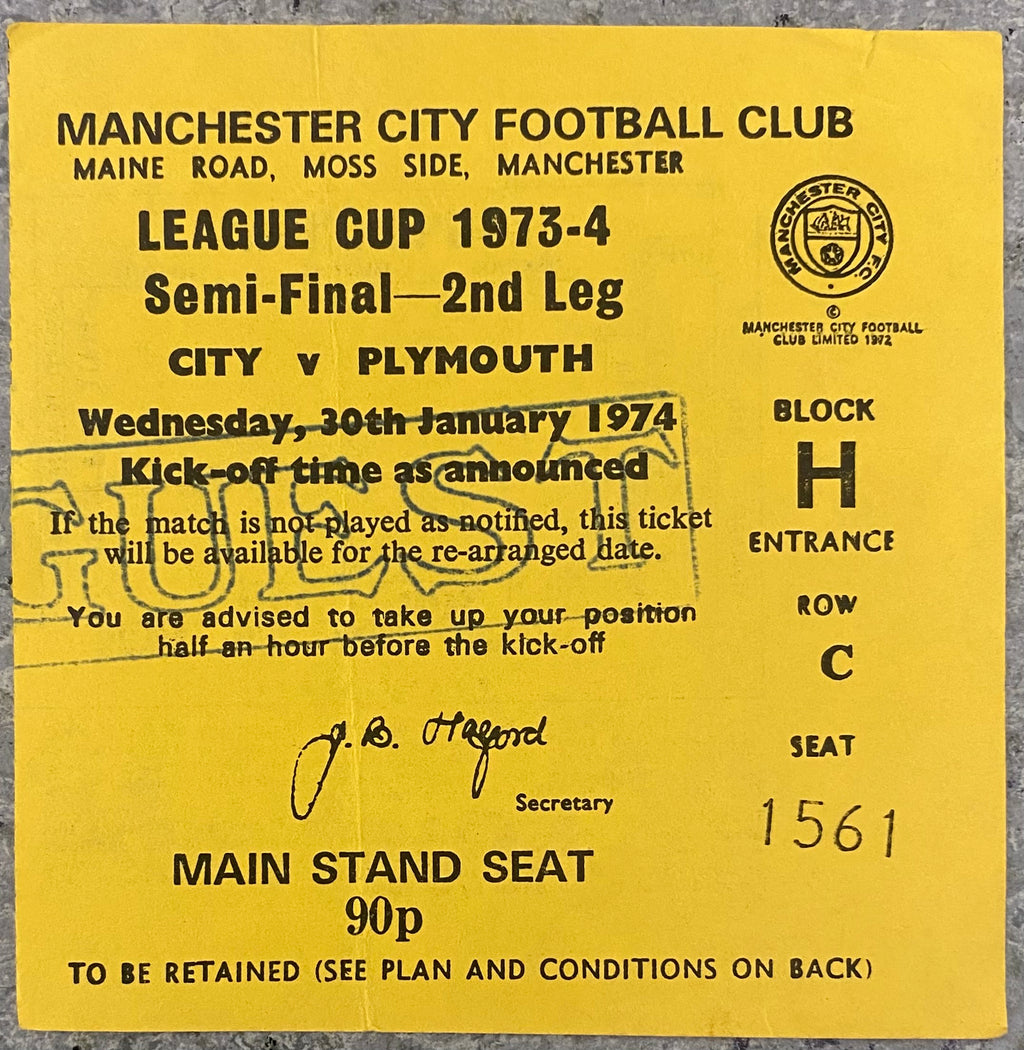 1973/74 ORIGINAL LEAGUE CUP SEMI FINAL 2ND LEG TICKET MANCHESTER CITY V PLYMOUTH ARGYLE