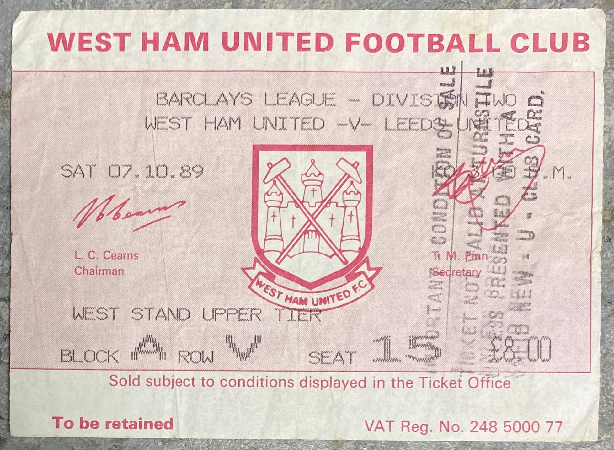 1989/90 ORIGINAL DIVISION TWO TICKET WEST HAM UNITED V LEEDS UNITED