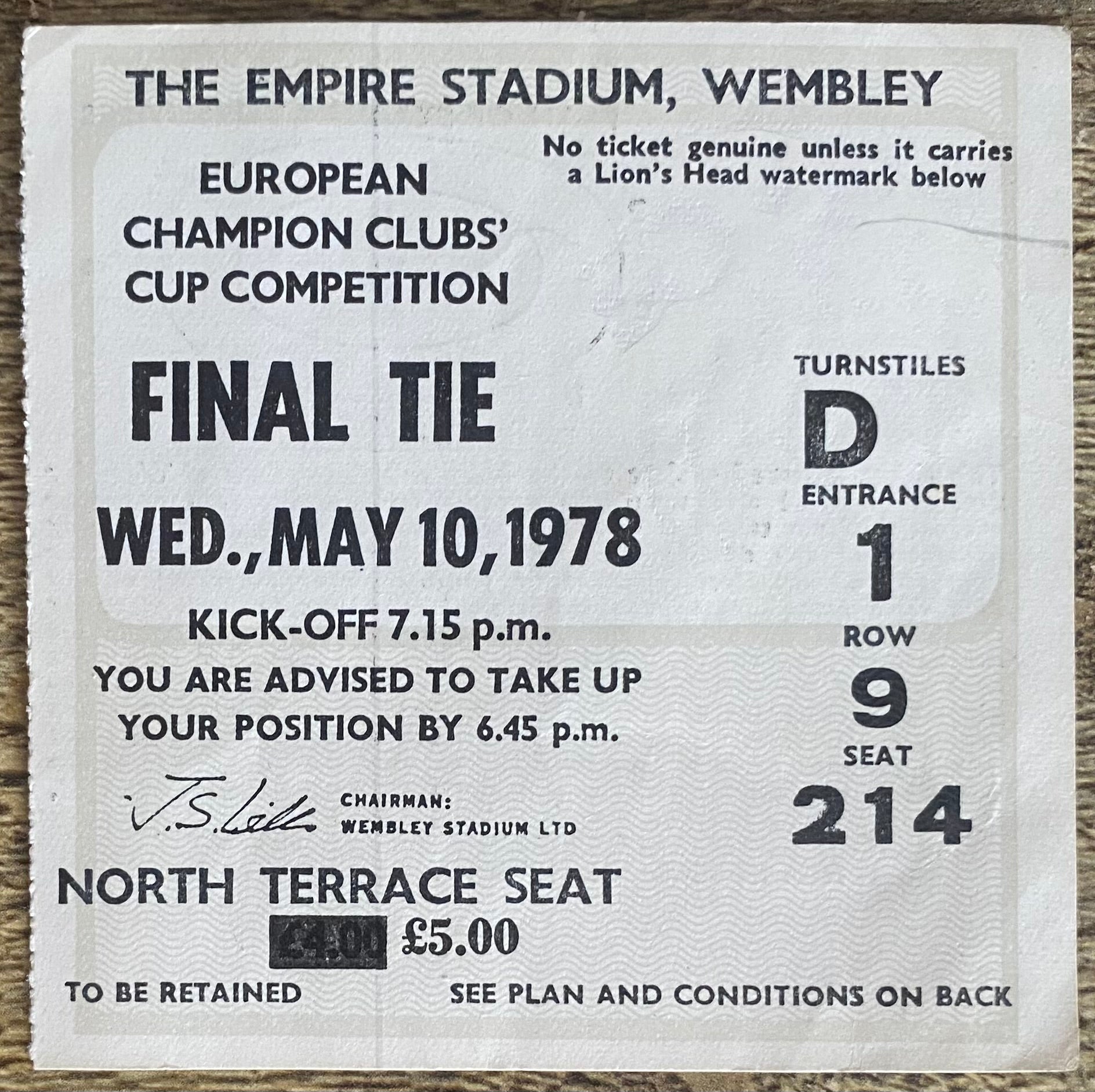 1978 ORIGINAL EUROPEAN CUP FINAL TICKET LIVERPOOL V FC BRUGES @ WEMBLEY
