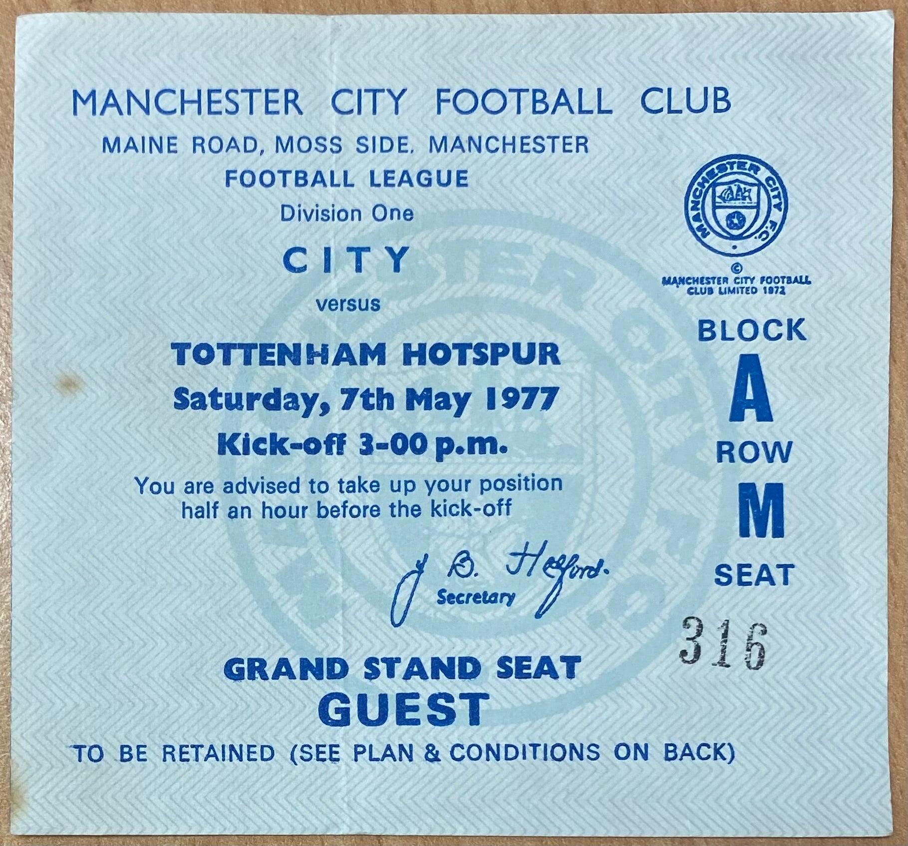 1976/77 ORIGINAL DIVISION ONE TICKET MANCHESTER CITY V TOTTENHAM HOTSPUR