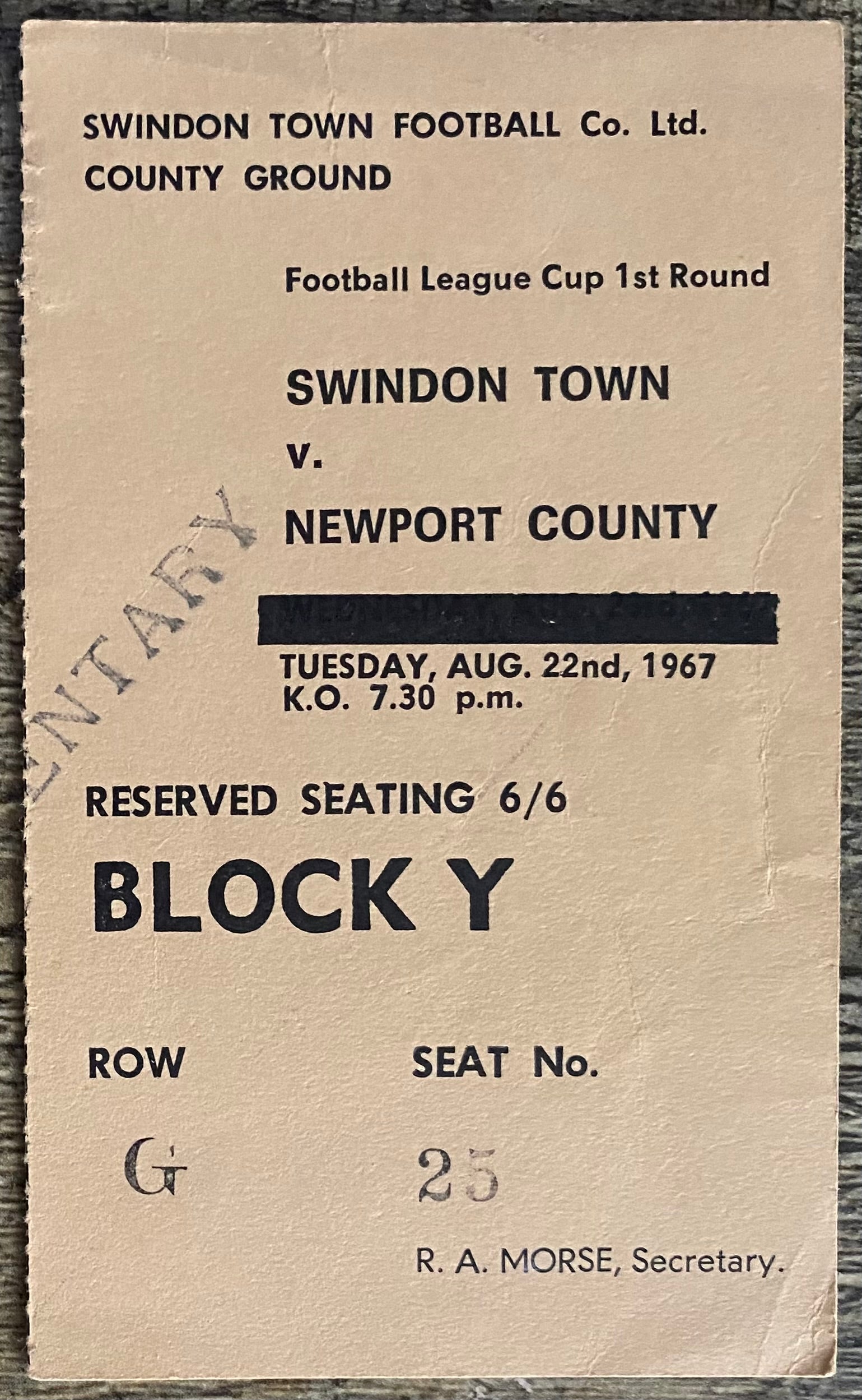 1967/68 ORIGINAL LEAGUE CUP 1ST ROUND TICKET SWINDON TOWN V NEWPORT COUNTY
