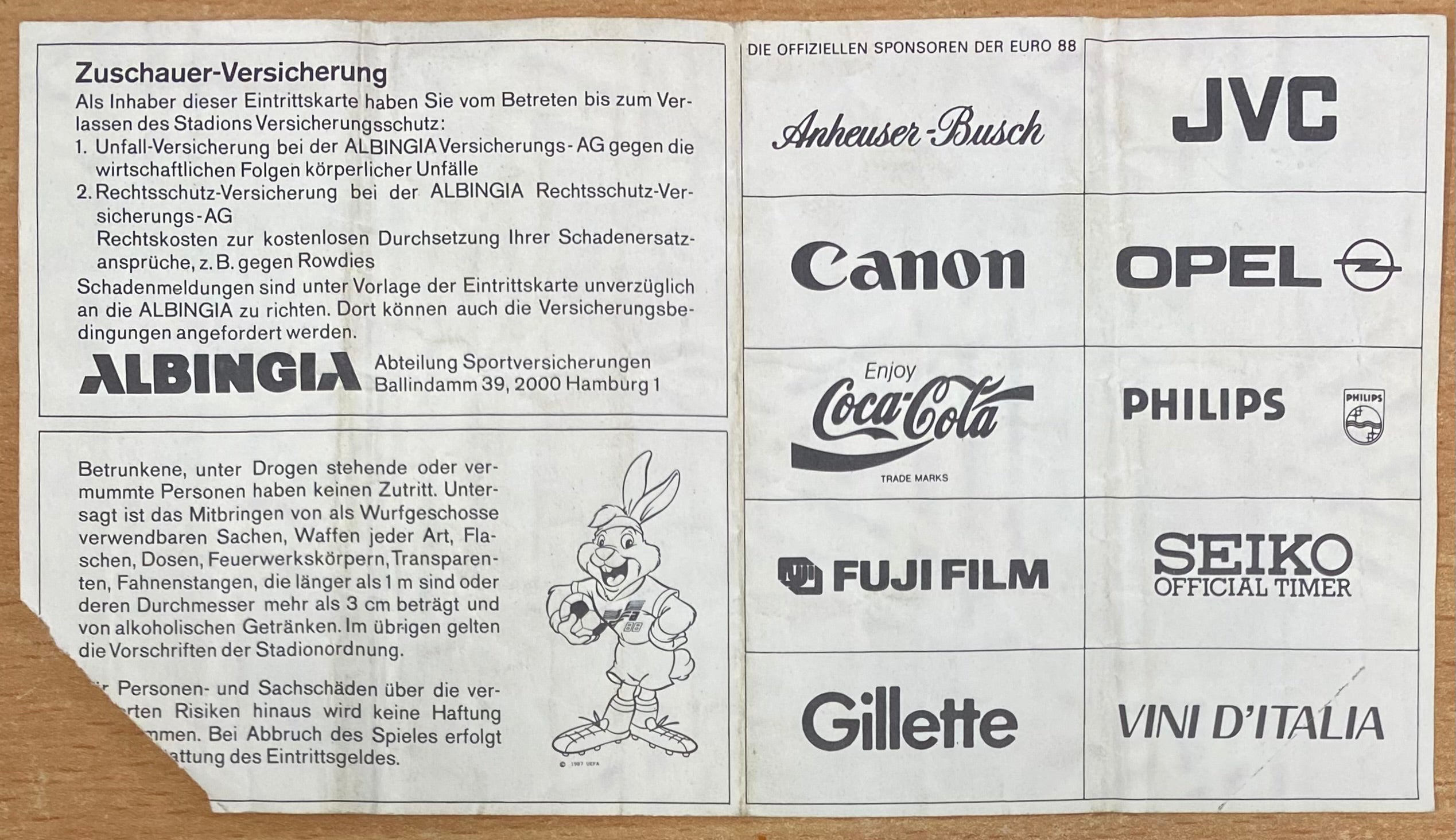 1988 ORIGINAL EURO 88 SEMI FINAL TICKET SOVIET UNION V ITALY @ STUTTGART