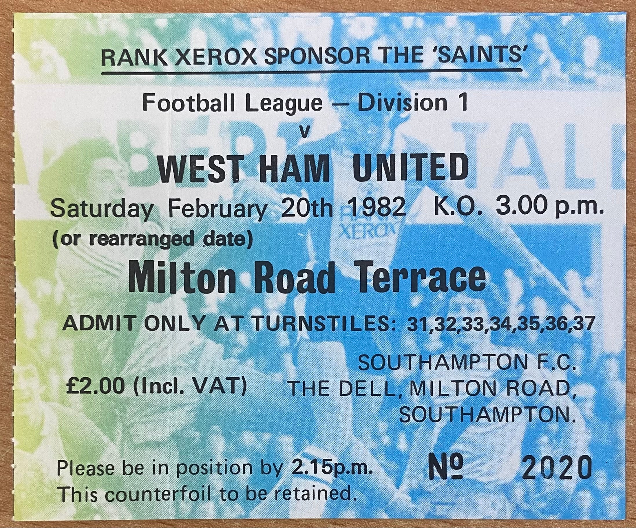 1982/83 ORIGINAL DIVISION ONE TICKET SOUTHAMPTON V WEST HAM UNITED