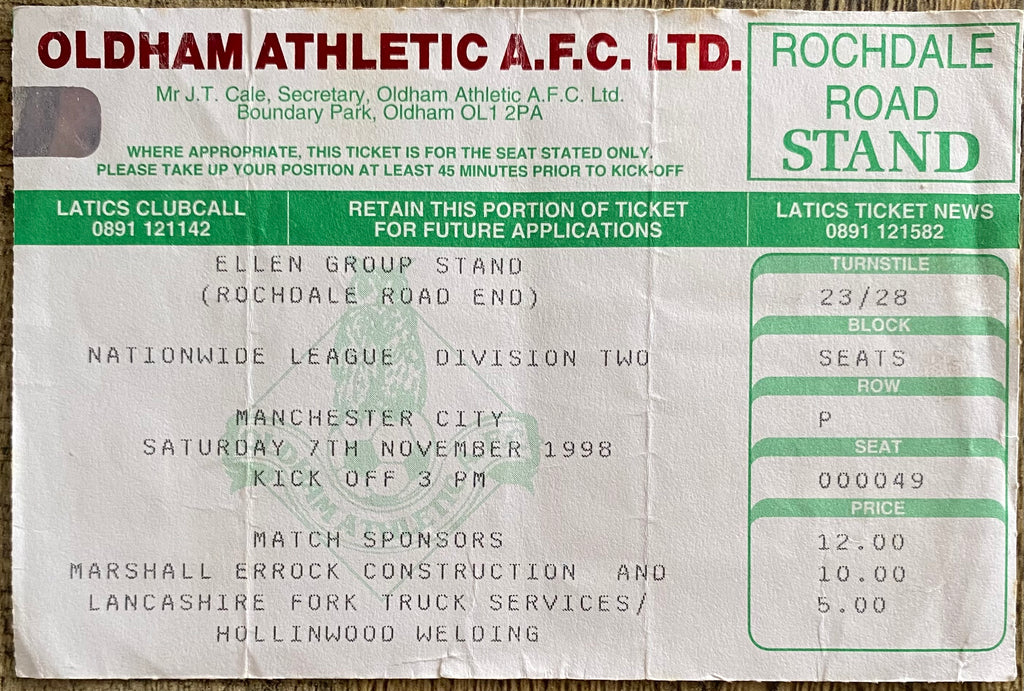 1998/99 ORIGINAL NATIONWIDE DIVISION 2 TICKET OLDHAM ATHLETIC V MANCHESTER CITY