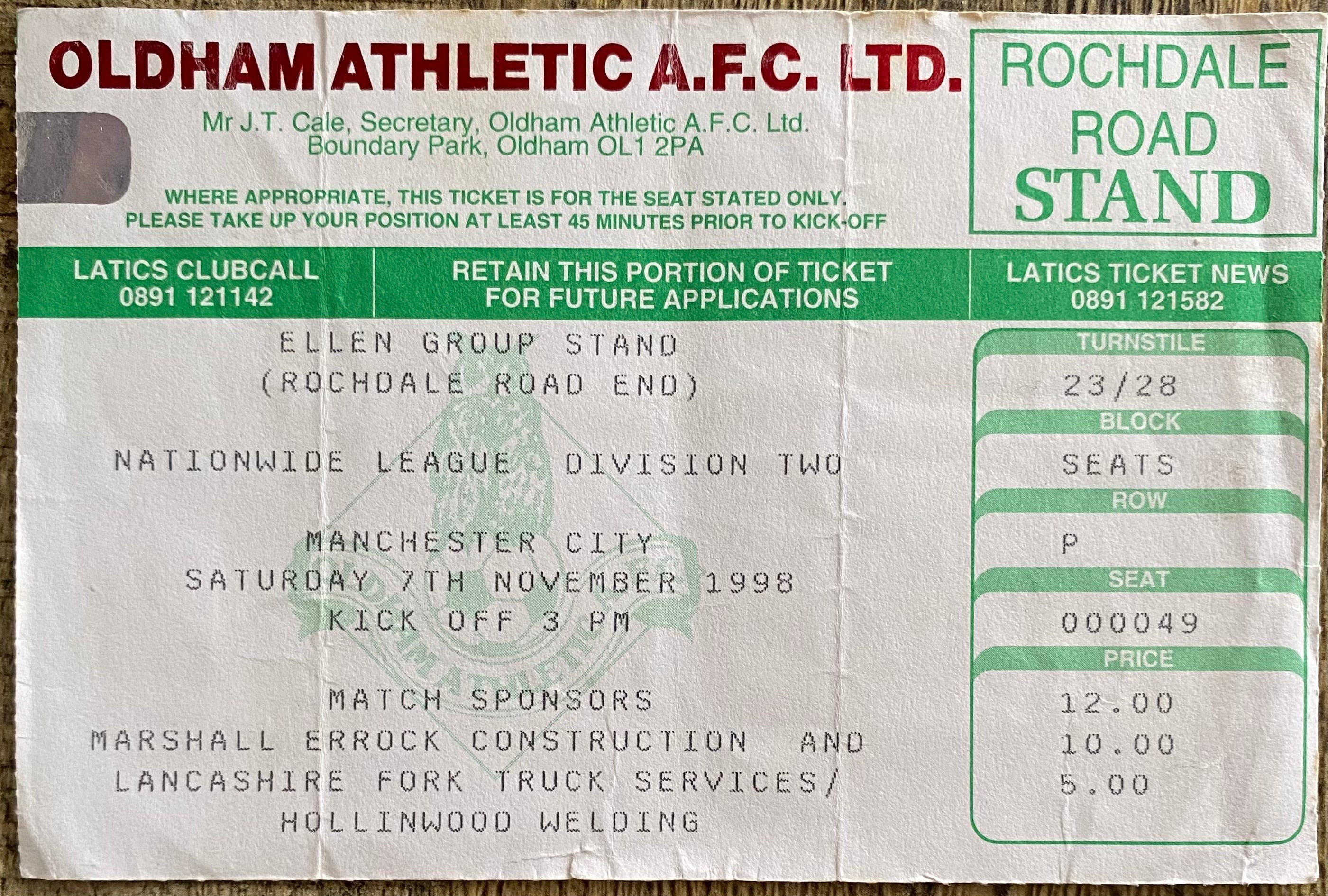 1998/99 ORIGINAL NATIONWIDE DIVISION 2 TICKET OLDHAM ATHLETIC V MANCHESTER CITY