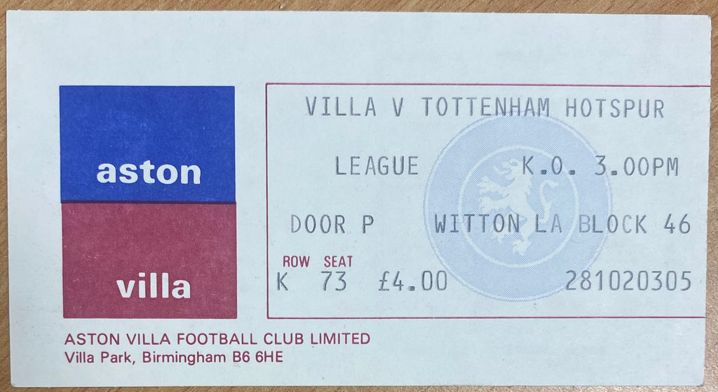 1982/83 ORIGINAL DIVISION 1 TICKET ASTON VILLA V TOTTENHAM HOTSPUR