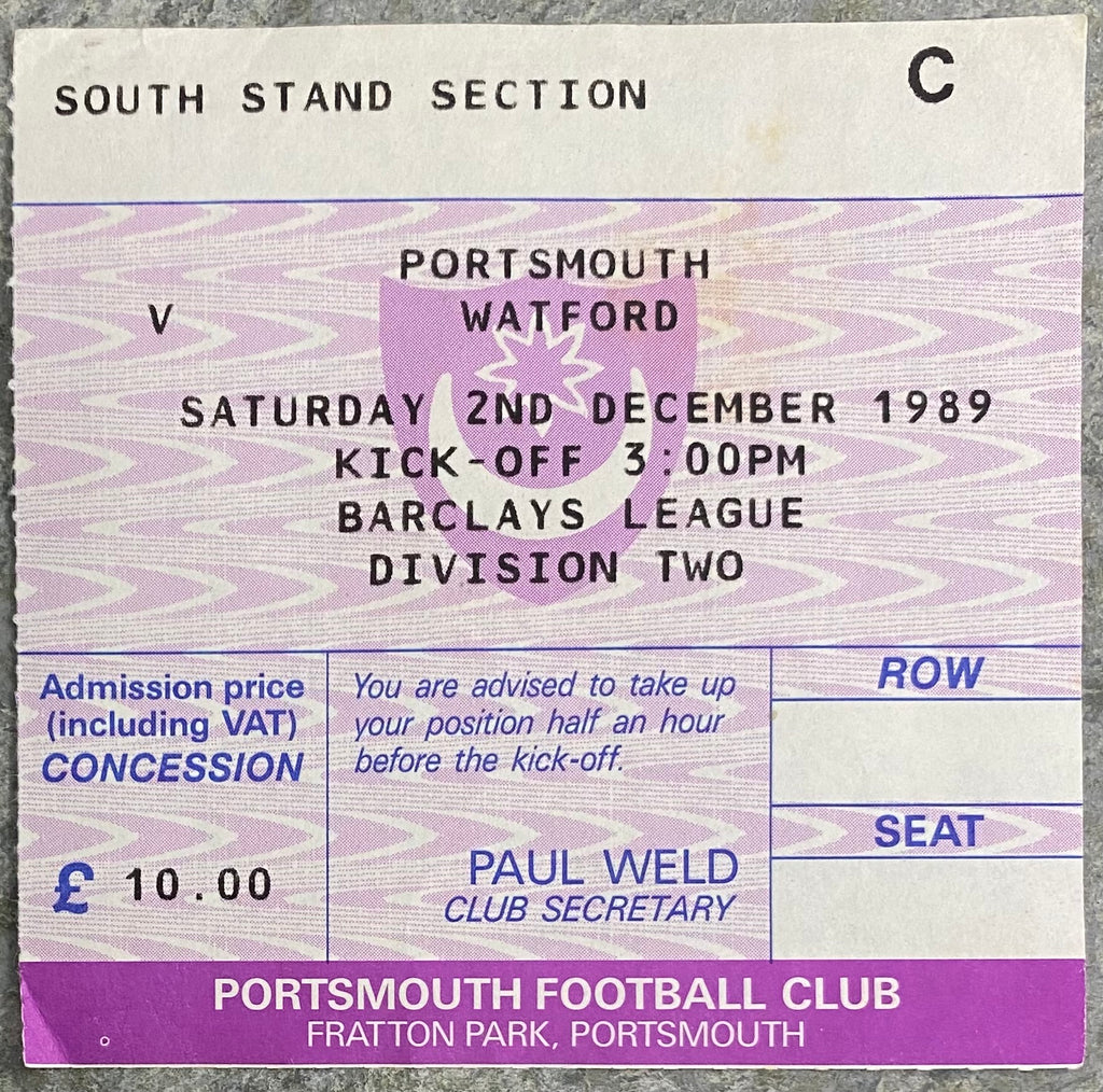 1989/90 ORIGINAL DIVISION 2 TICKET PORTSMOUTH V WATFORD