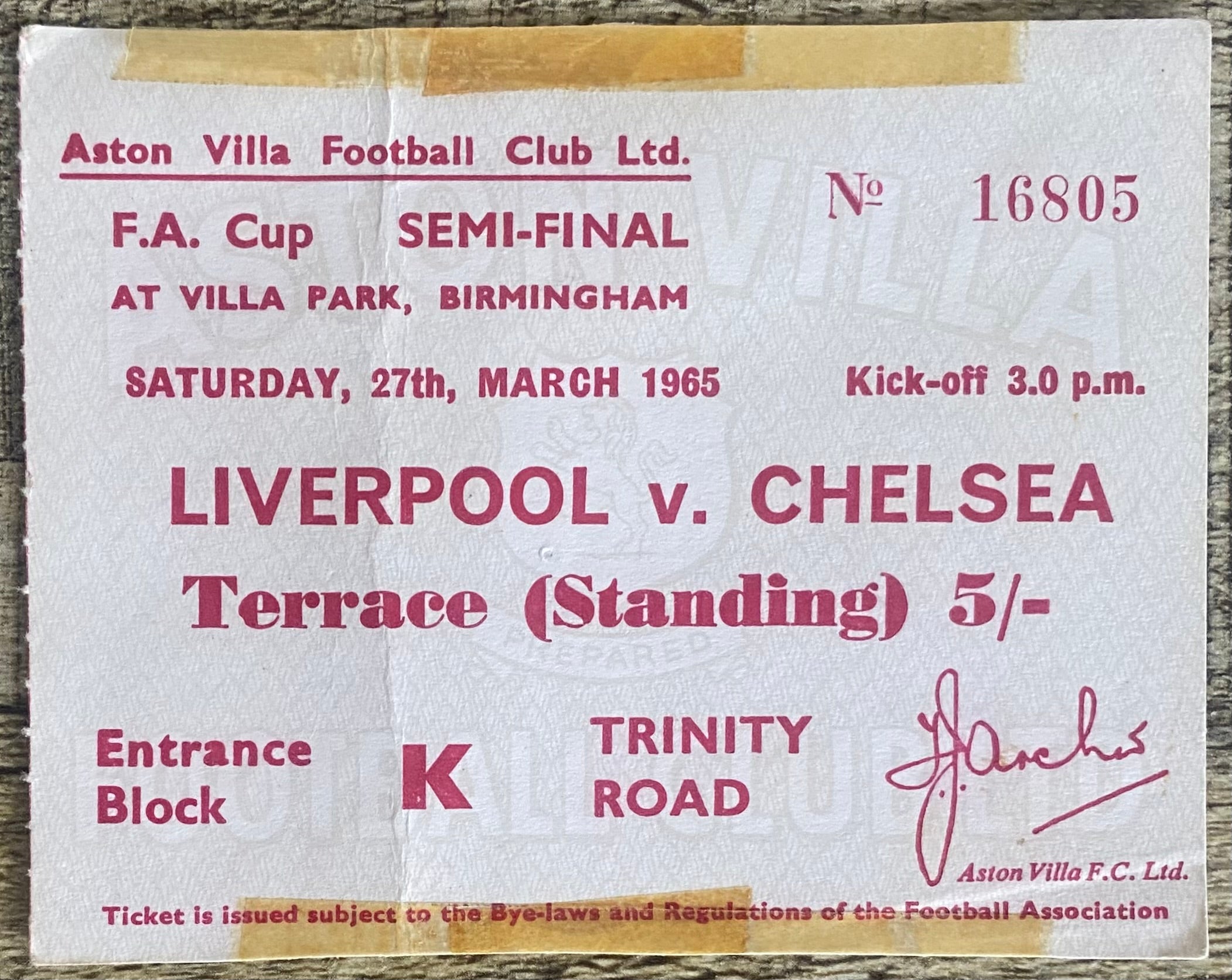 1965 ORIGINAL FA CUP SEMI FINAL TICKET CHELSEA V LIVERPOOL @VILLA PARK