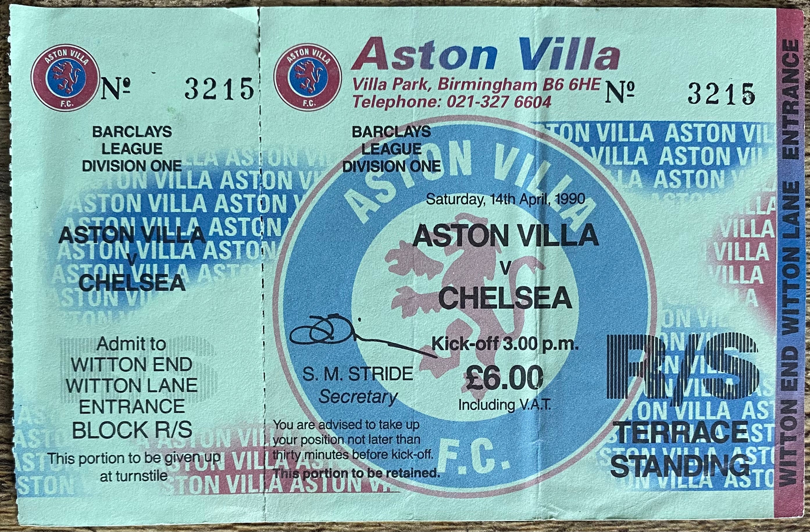 1989/90 ORIGINAL DIVISION 1 UNUSED TICKET ASTON VILLA V CHELSEA