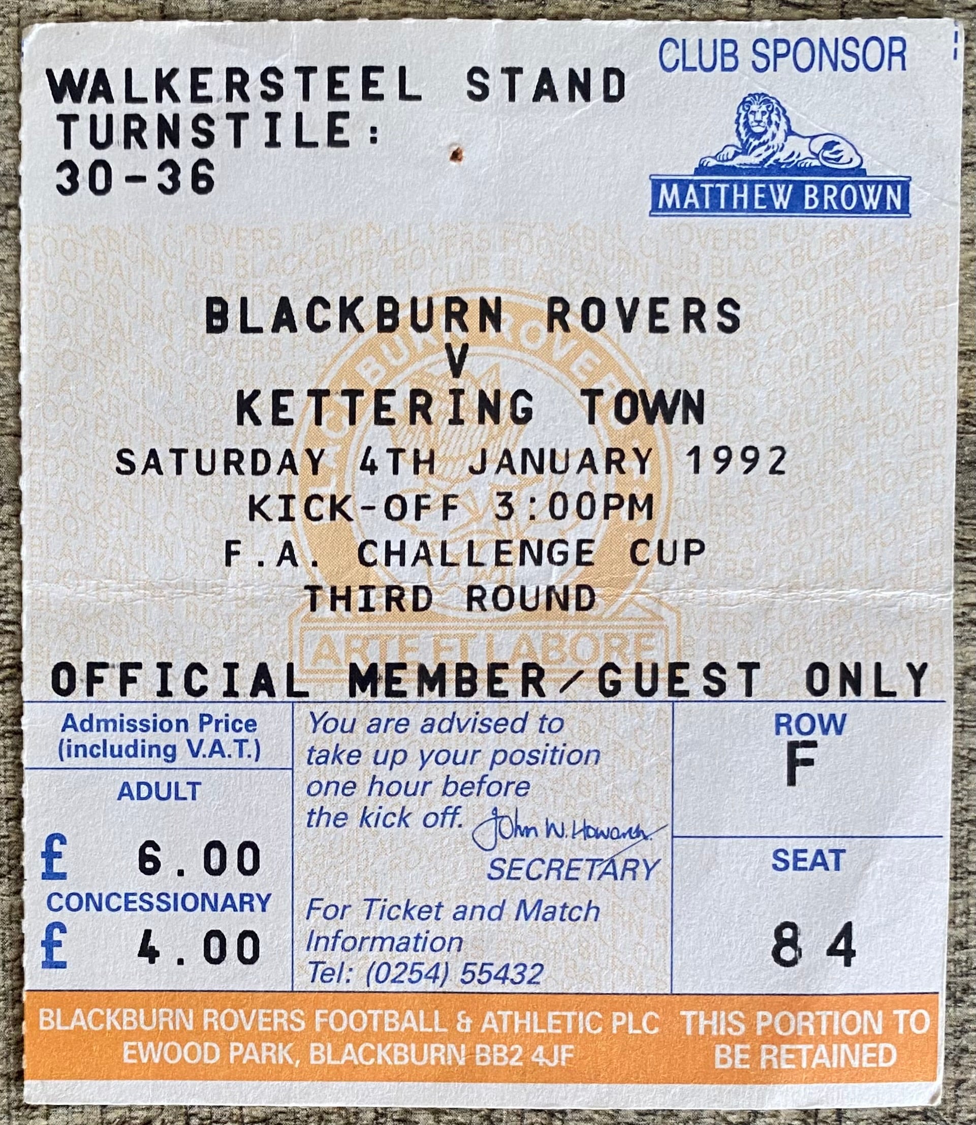 1991/92 ORIGINAL FA CUP 3RD ROUND TICKET BLACKBURN ROVERS V KETTERING TOWN