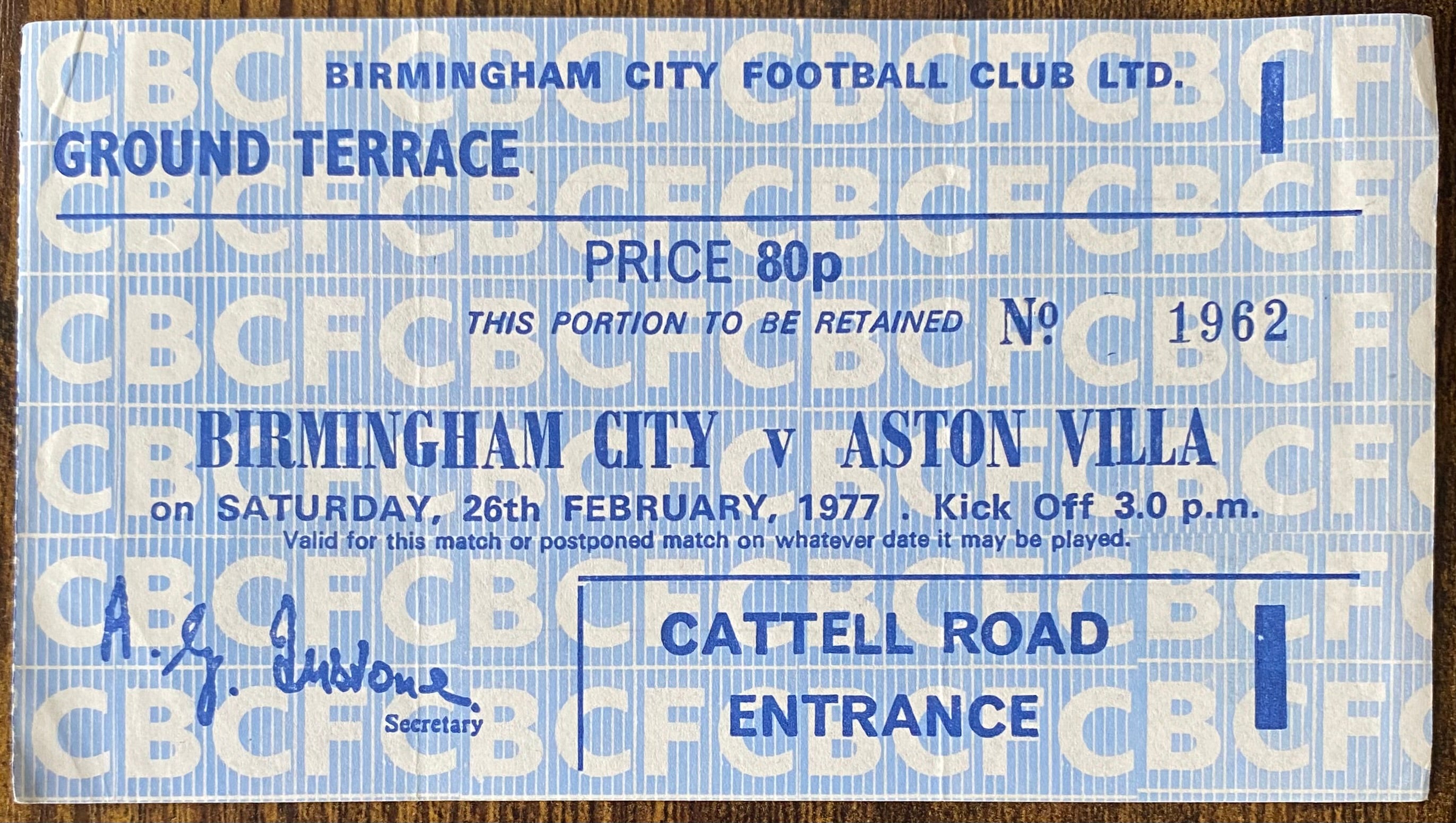 1976/77 ORIGINAL DIVISION 1 TICKET BIRMINGHAM CITY V ASTON VILLA
