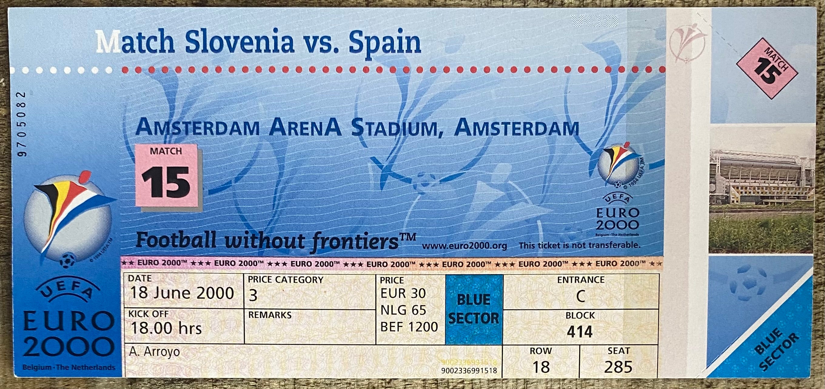 2000 ORIGINAL EUROPEAN CHAMPIONSHIPS EURO 2000 UNUSED TICKET SPAIN V SLOVENIA @ AMSTERDAM