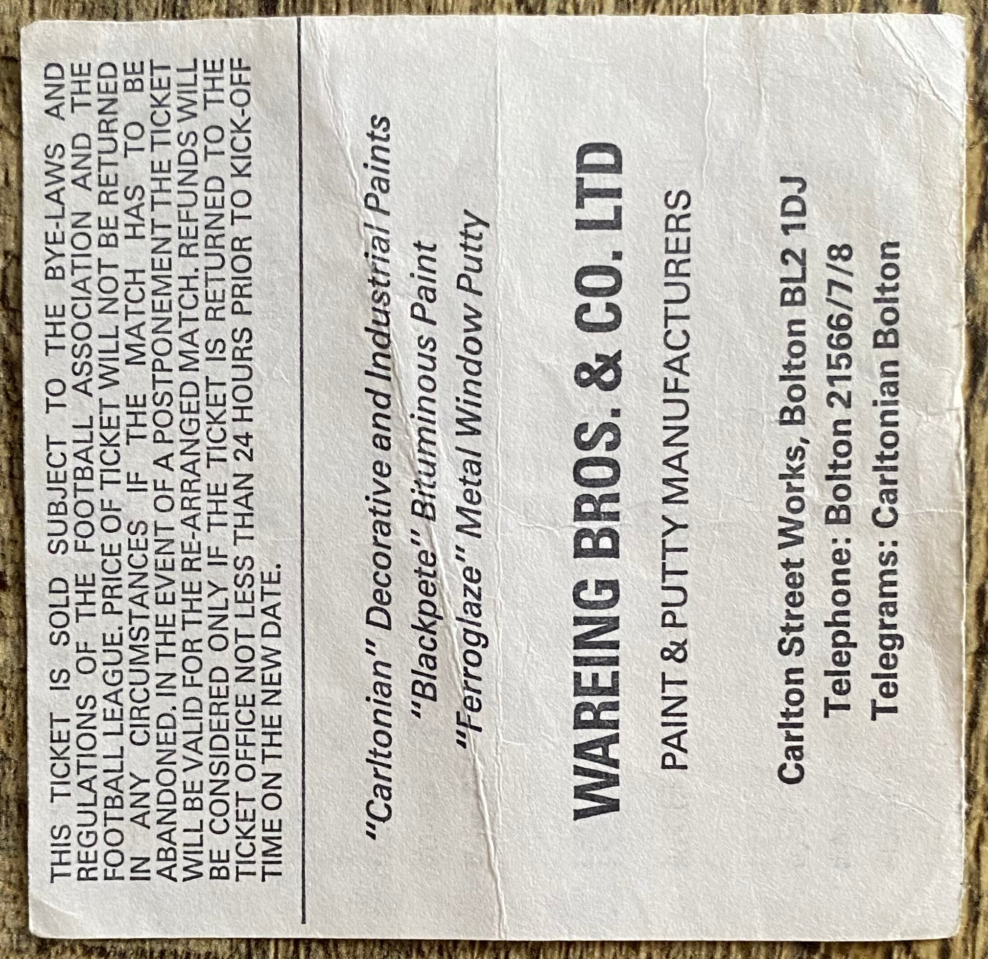 1979/80 ORIGINAL FA CUP 5TH ROUND TICKET BOLTON WANDERERS V ARSENAL