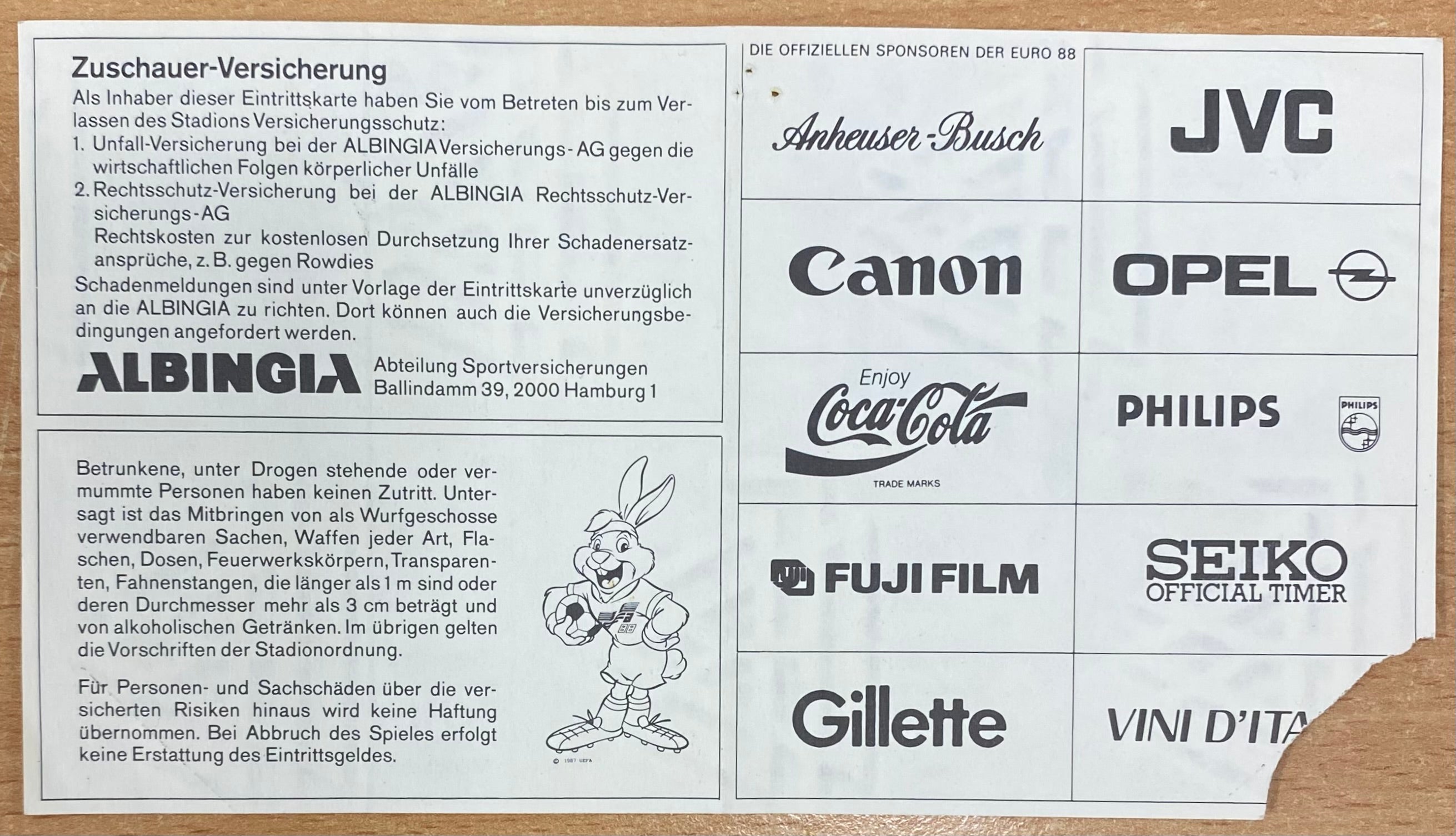 1988 ORIGINAL EURO 88 TICKET SOVIET UNION V NETHERLANDS @ COLOGNE