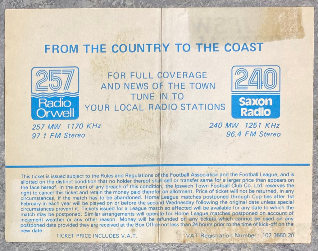 1988/89 ORIGINAL DIVISION TWO TICKET IPSWICH TOWN V LEEDS UNITED