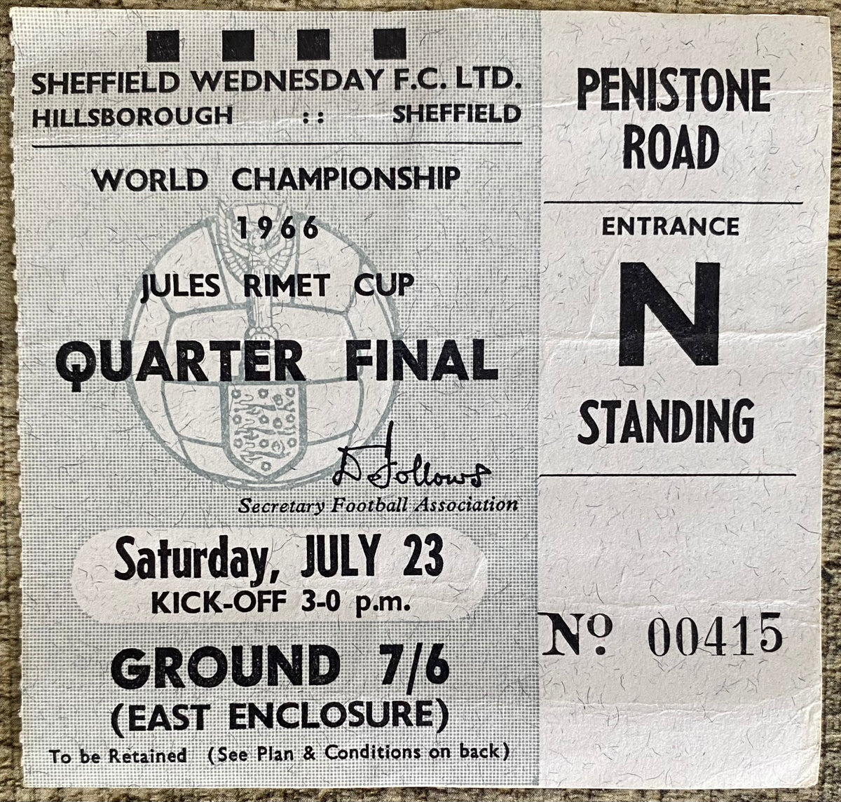 1966 ORIGINAL WORLD CUP QUARTER FINAL TICKET WEST GERMANY V URUGUAY @ HILLSBOROUGH