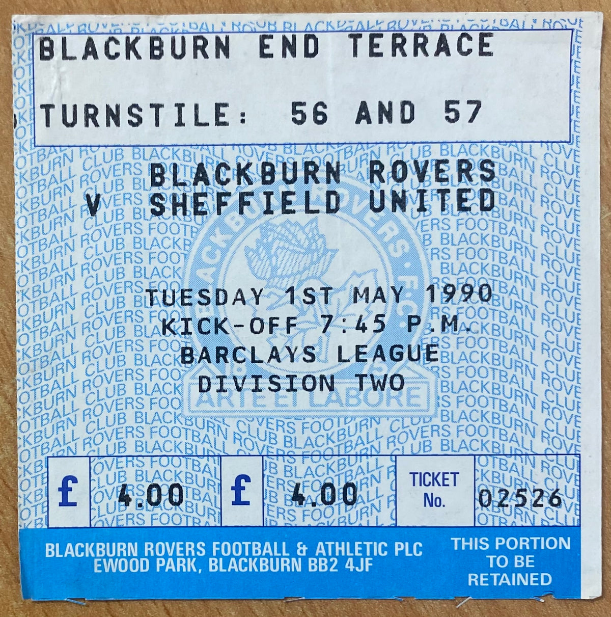 1989/90 ORIGINAL DIVISION TWO TICKET BLACKBURN ROVERS V SHEFFIELD UNITED