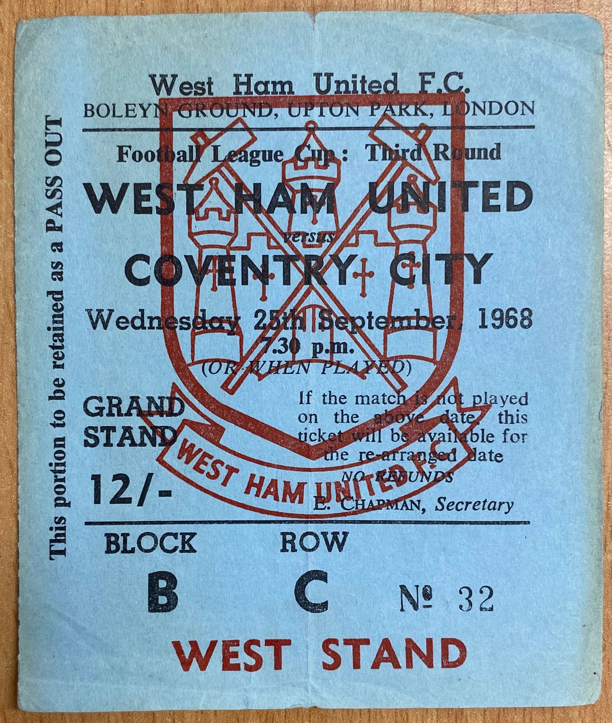 1968/69 ORIGINAL LEAGUE CUP 3RD ROUND TICKET WEST HAM UNITED V COVENTRY CITY