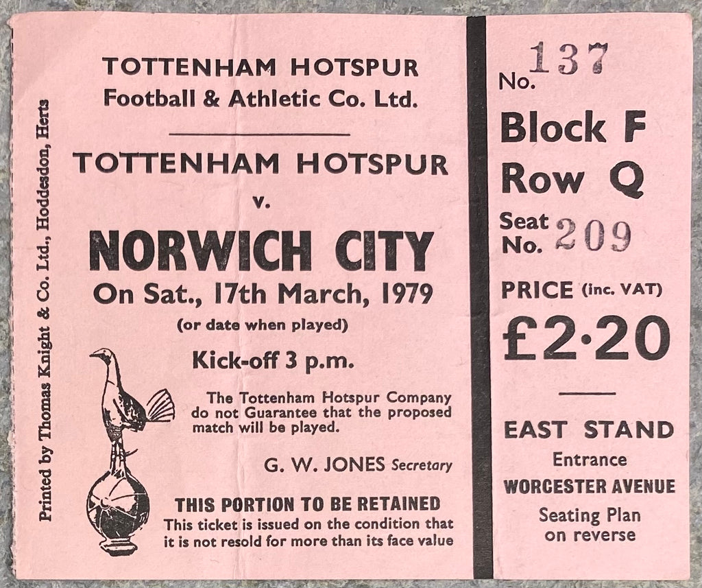 1978/79 ORIGINAL DIVISION ONE TICKET TOTTENHAM HOTSPUR V NORWICH CITY