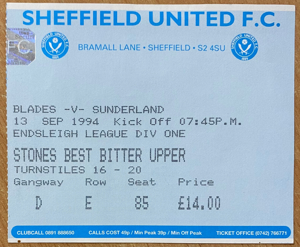 1994/95 ORIGINAL DIVISION 1 TICKET SHEFFIELD UNITED V SUNDERLAND