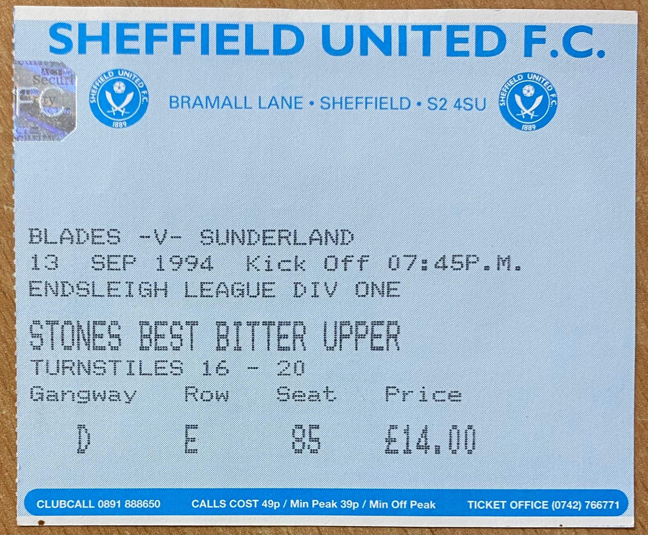 1994/95 ORIGINAL DIVISION 1 TICKET SHEFFIELD UNITED V SUNDERLAND