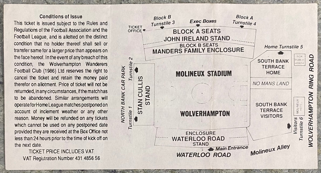 1992/93 ORIGINAL DIVISION 1 TICKET WOLVERHAMPTON WANDERERS V LUTON TOWN