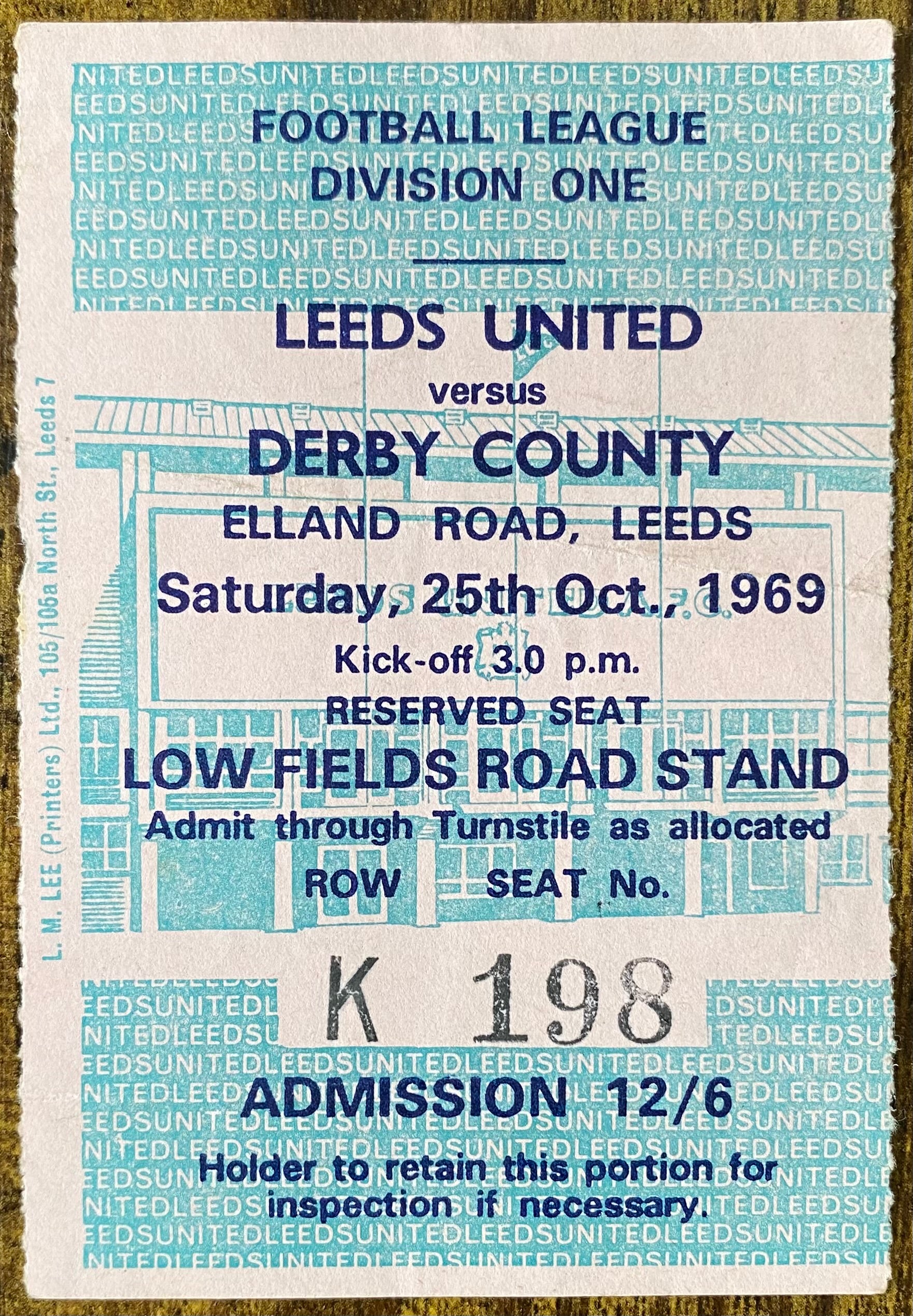1969/70 ORIGINAL DIVISION ONE TICKET LEEDS UNITED V DERBY COUNTY